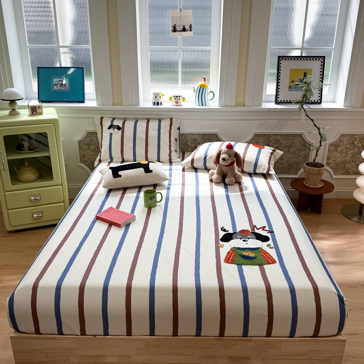 珺柔家纺 2026新款全棉老粗布床单床笠三件套 园丁小狗