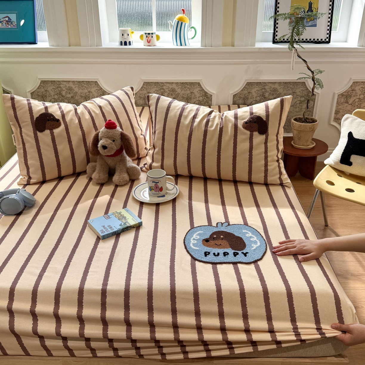 91家纺网 家纺一手货源 找家纺 珺柔家纺 2026新款全棉老粗布床单床笠三件套 咖条puppy