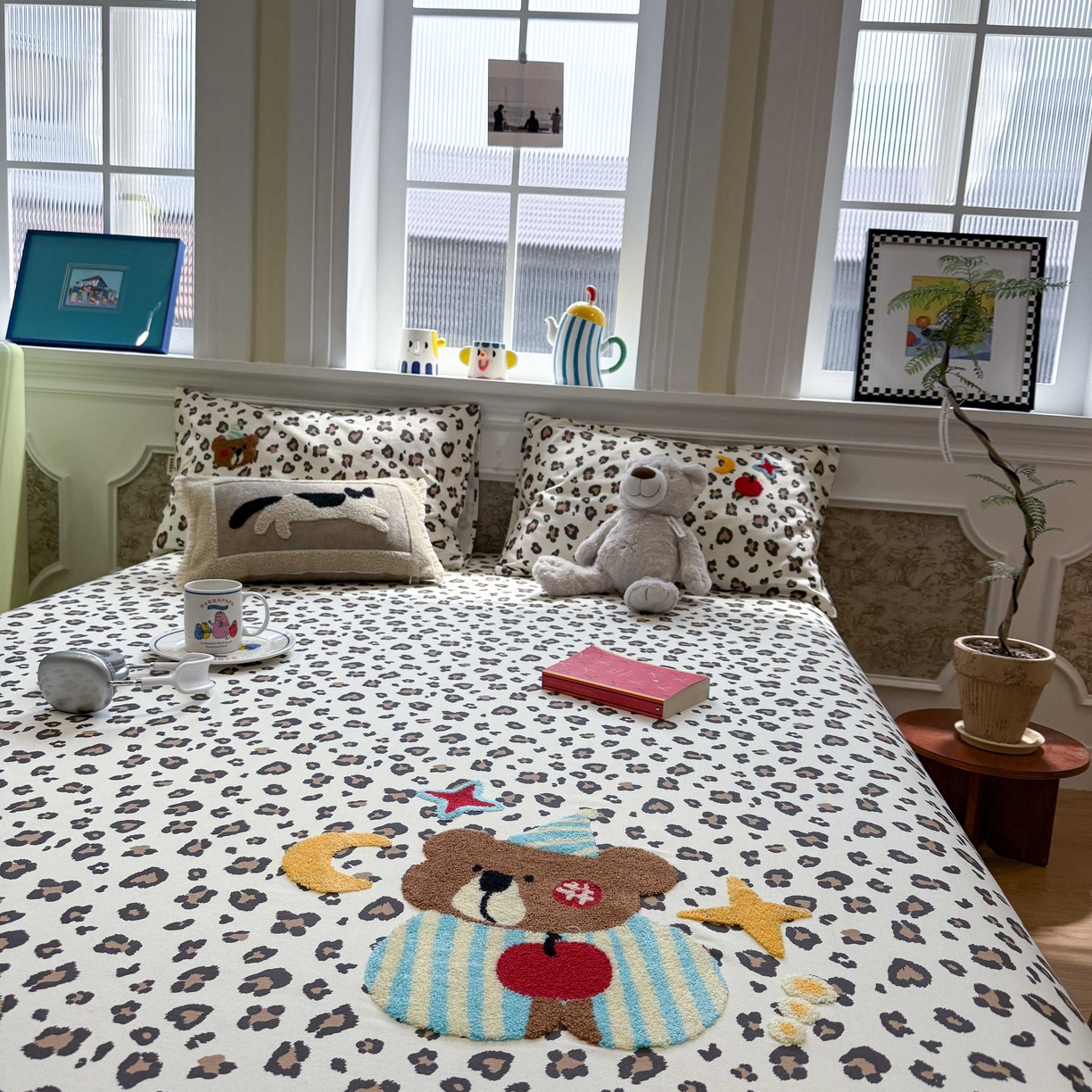 91家纺网 家纺一手货源 找家纺 珺柔家纺 2026新款全棉老粗布床单床笠三件套 豹纹睡衣熊