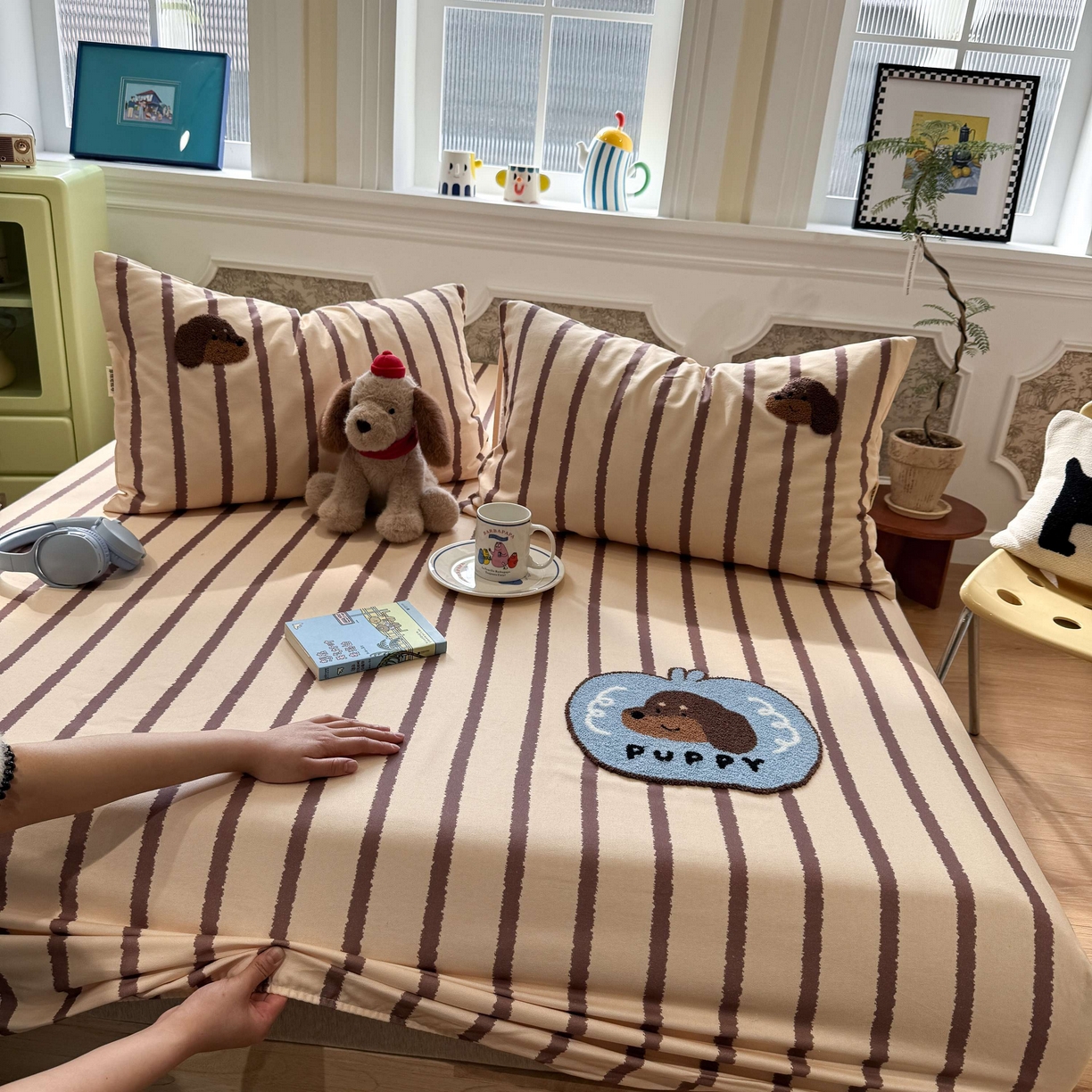 91家纺网 家纺一手货源 找家纺 珺柔家纺 2026新款全棉老粗布床单床笠三件套 咖条puppy