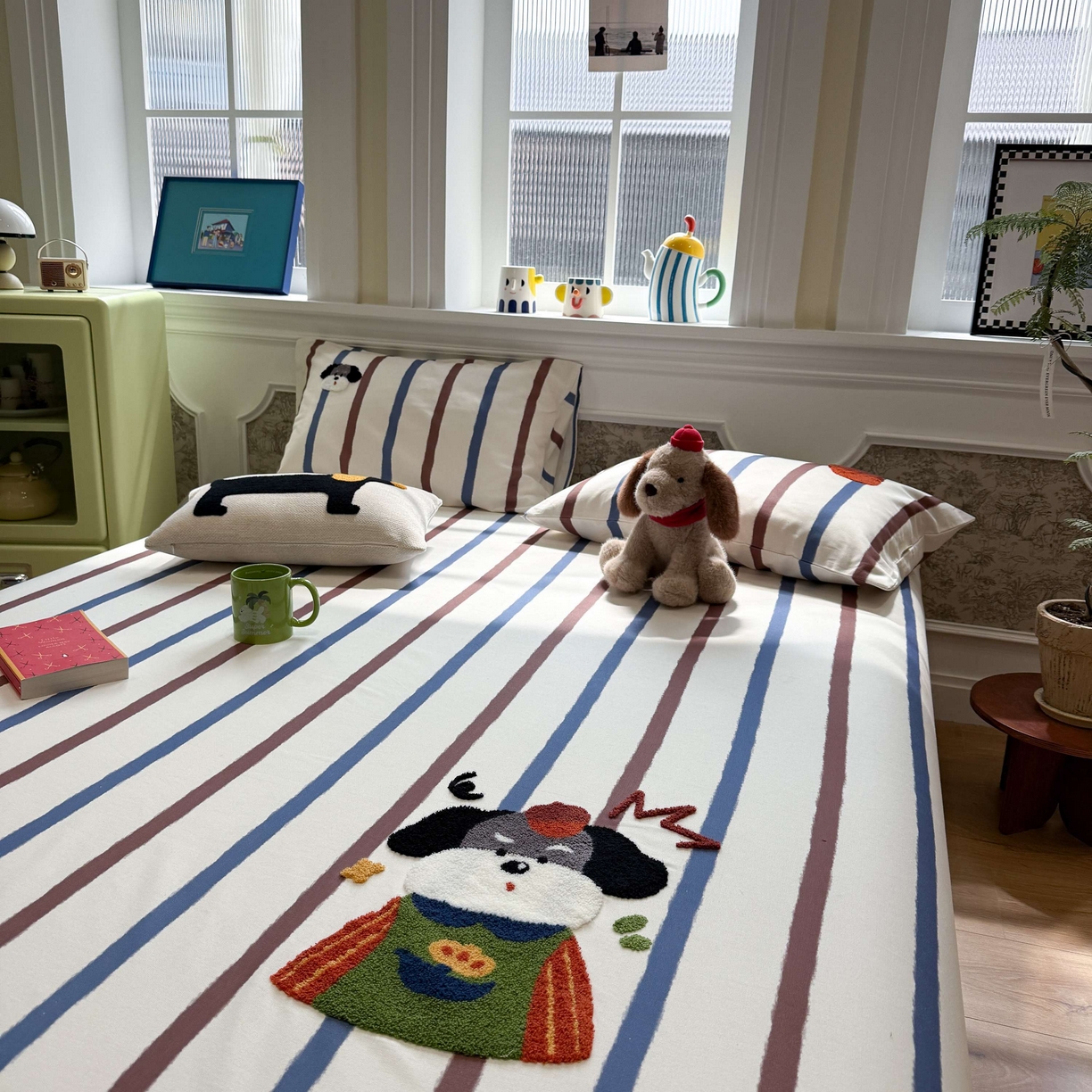 91家纺网 家纺一手货源 找家纺 珺柔家纺 2026新款全棉老粗布床单床笠三件套 园丁小狗