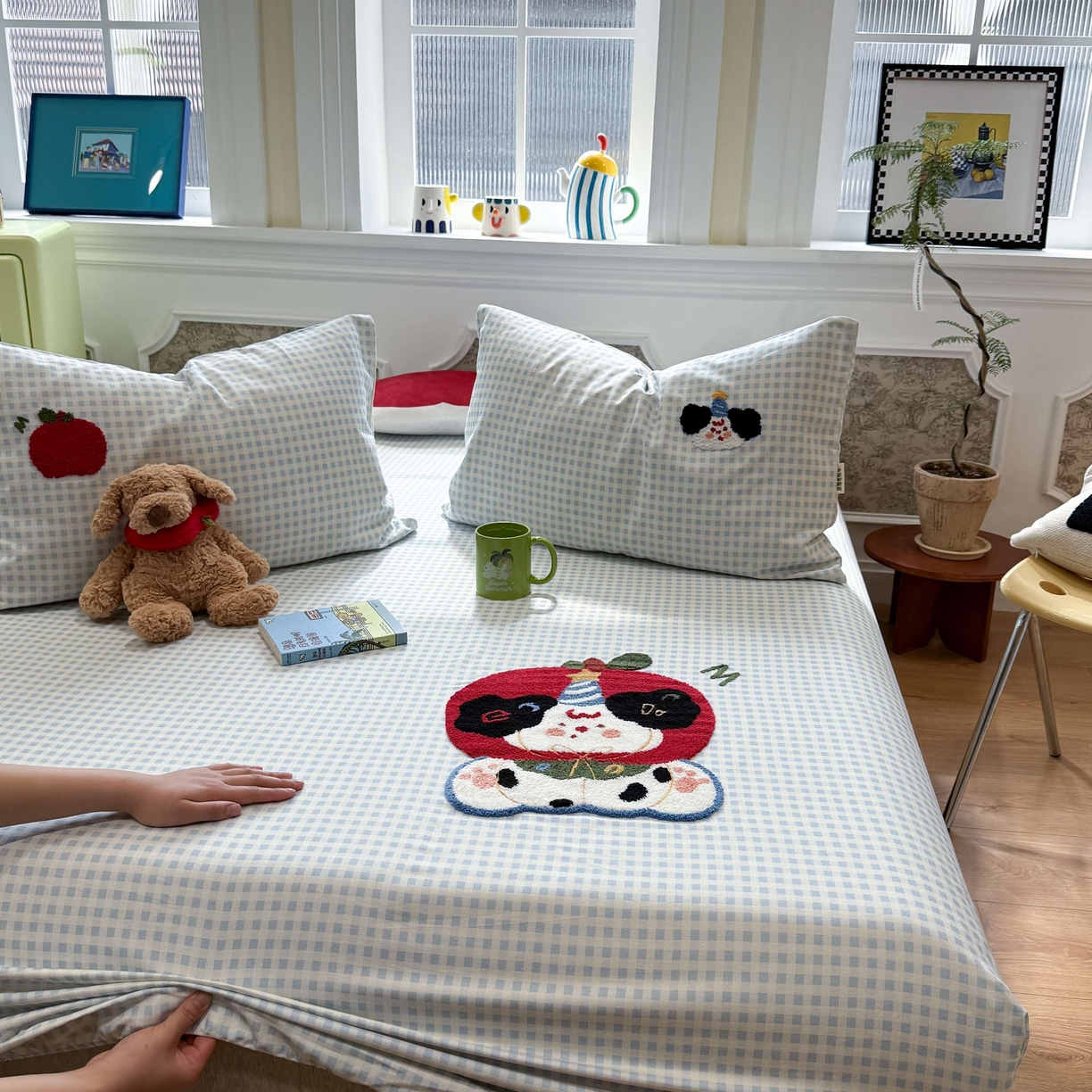 91家纺网 家纺一手货源 找家纺 珺柔家纺 2026新款全棉老粗布床单床笠三件套 蓝格苹果小狗