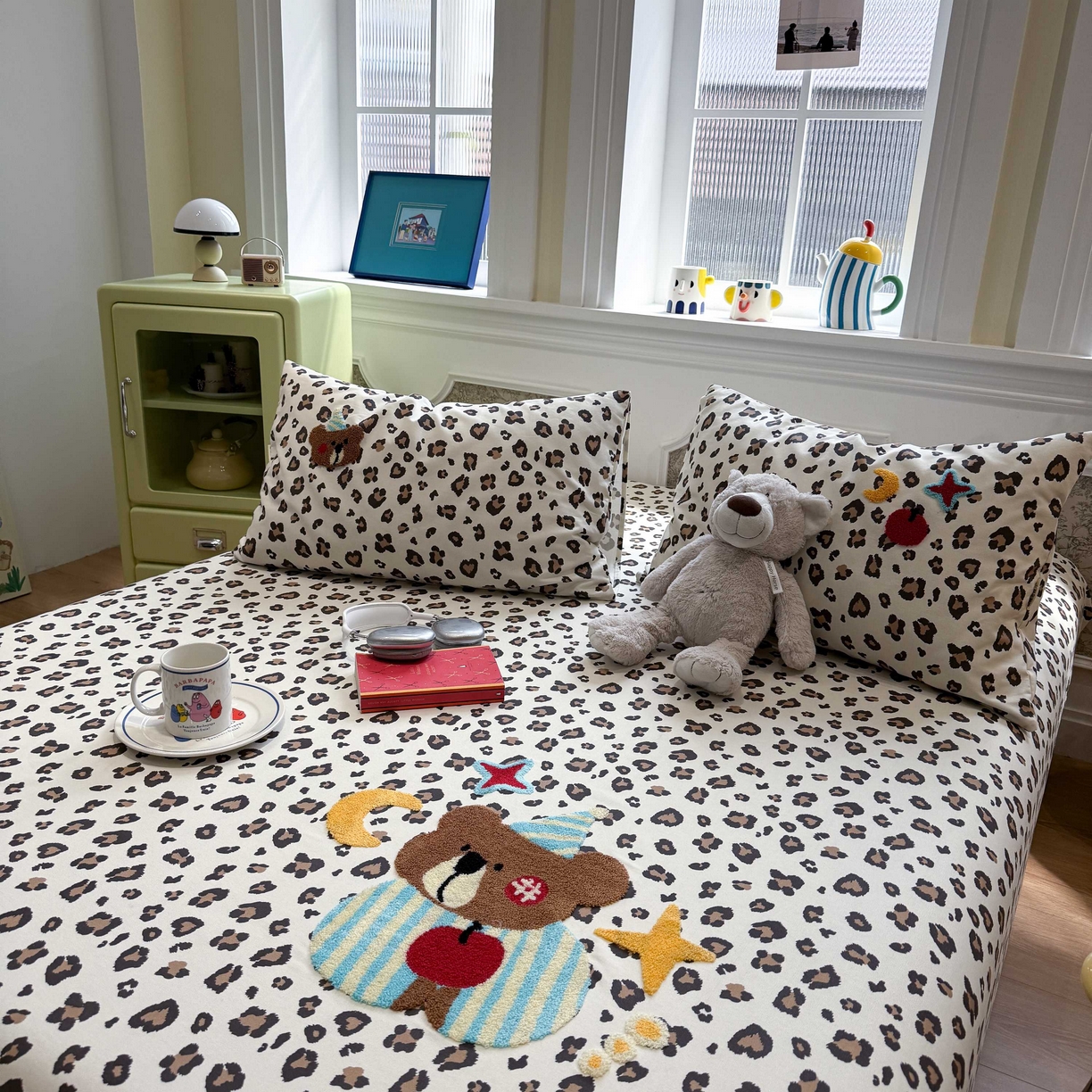 91家纺网 家纺一手货源 找家纺 珺柔家纺 2026新款全棉老粗布床单床笠三件套 豹纹睡衣熊