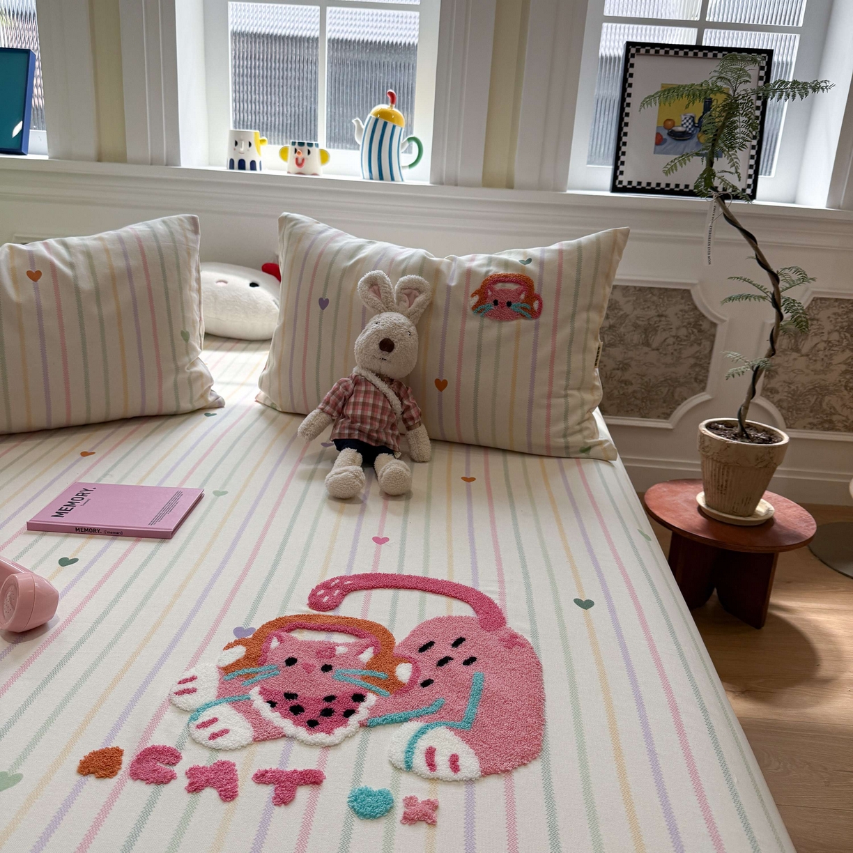 91家纺网 家纺一手货源 找家纺 珺柔家纺 2026新款全棉老粗布床单床笠三件套 音乐小猫