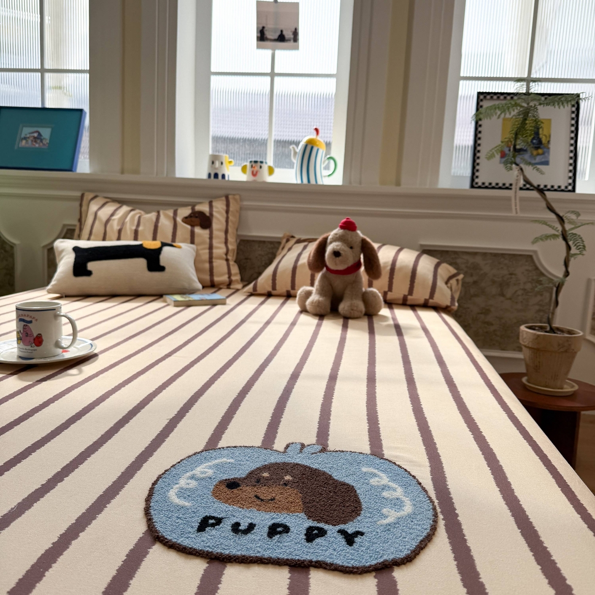 91家纺网 家纺一手货源 找家纺 珺柔家纺 2026新款全棉老粗布床单床笠三件套 咖条puppy