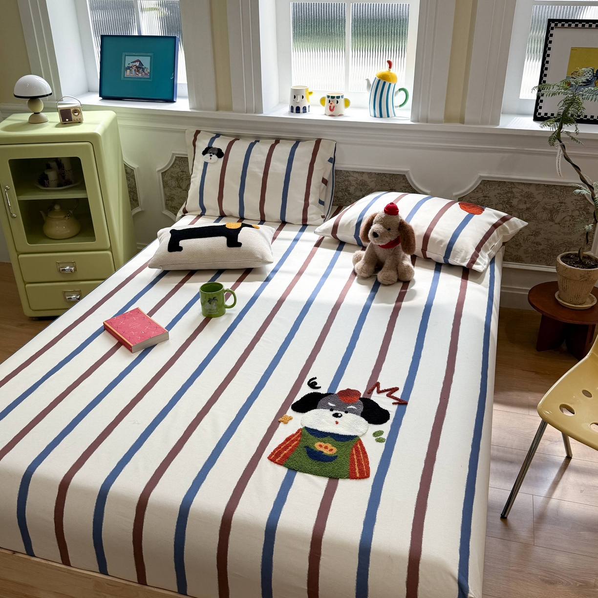 91家纺网 家纺一手货源 找家纺 珺柔家纺 2026新款全棉老粗布床单床笠三件套 园丁小狗