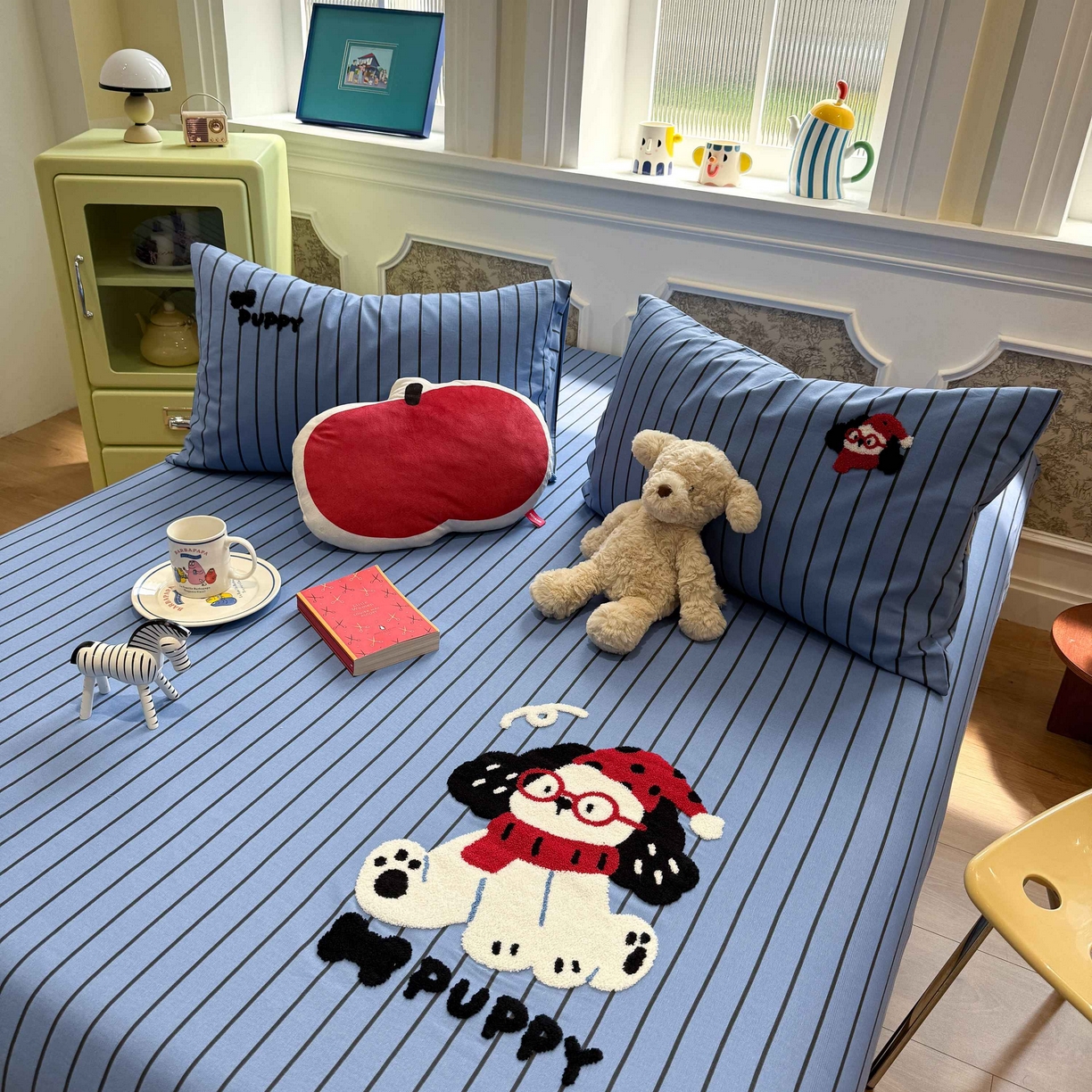 91家纺网 家纺一手货源 找家纺 珺柔家纺 2026新款全棉老粗布床单床笠三件套 斑点狗