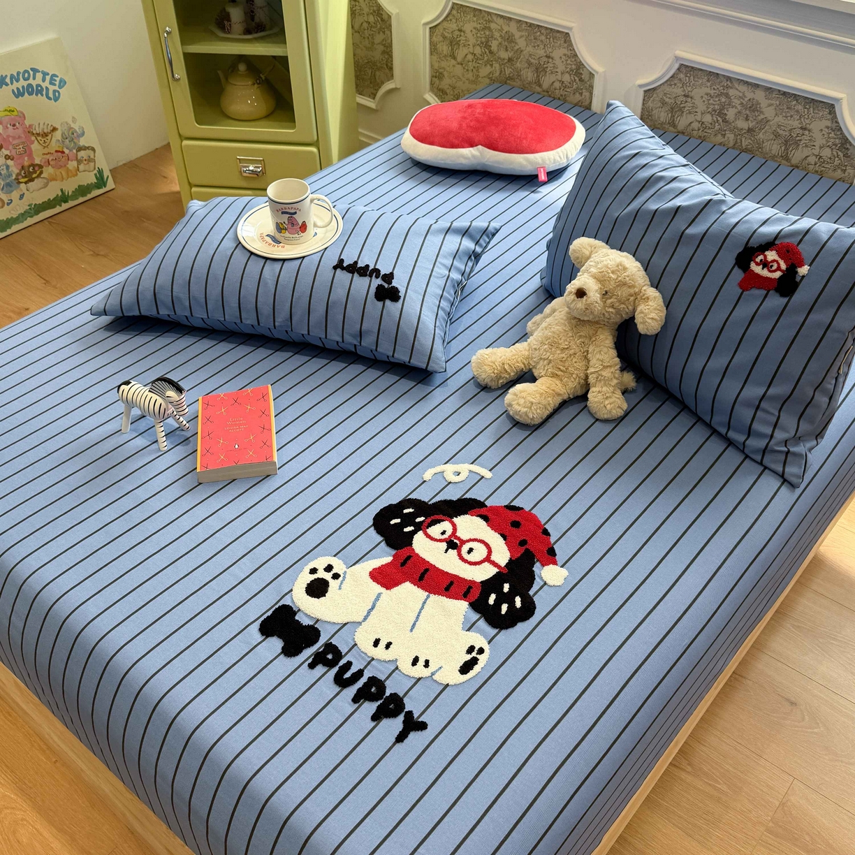 91家纺网 家纺一手货源 找家纺 珺柔家纺 2026新款全棉老粗布床单床笠三件套 斑点狗