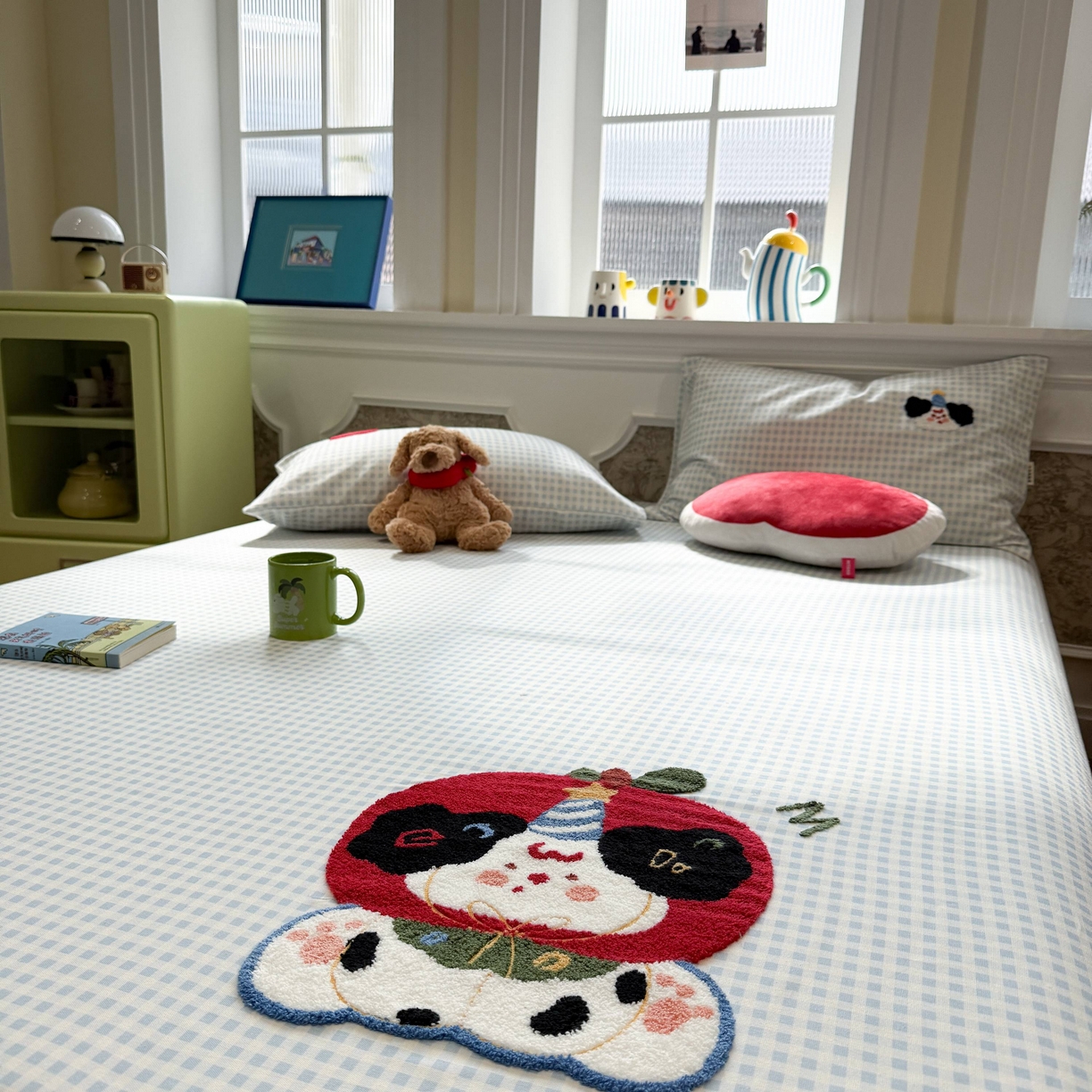 91家纺网 家纺一手货源 找家纺 珺柔家纺 2026新款全棉老粗布床单床笠三件套 蓝格苹果小狗