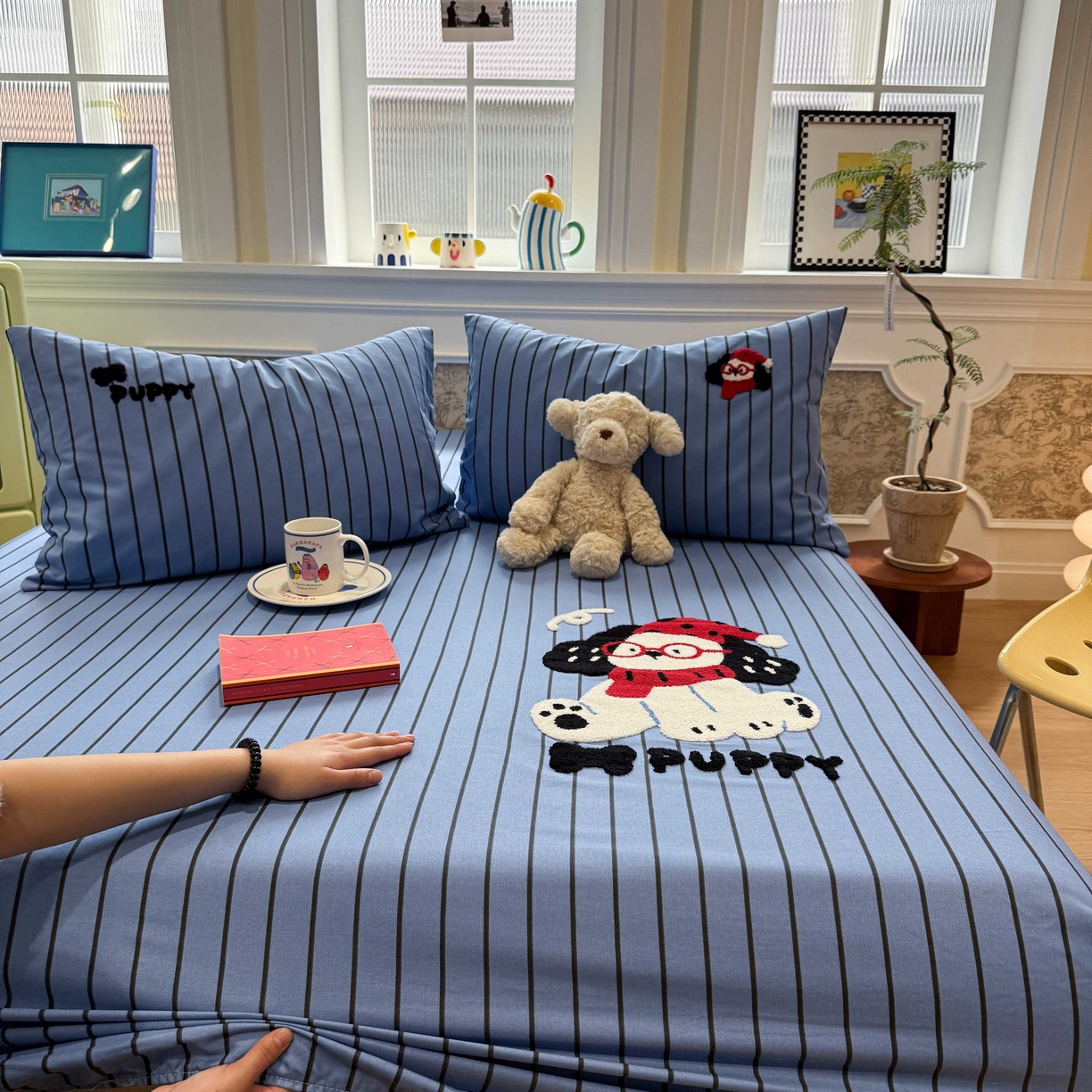 91家纺网 家纺一手货源 找家纺 珺柔家纺 2026新款全棉老粗布床单床笠三件套 斑点狗