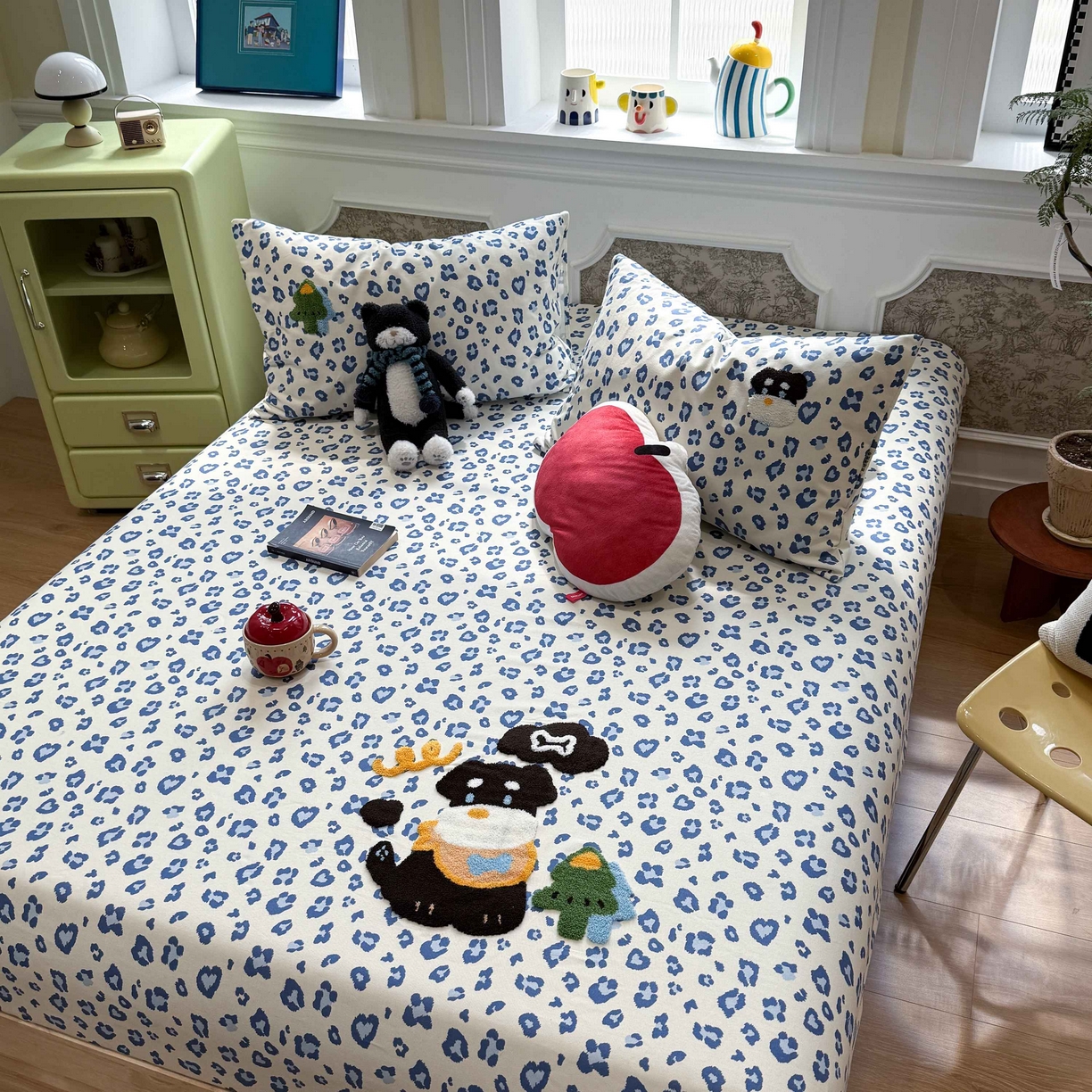 91家纺网 家纺一手货源 找家纺 珺柔家纺 2026新款全棉老粗布床单床笠三件套 蓝豹纹小狗