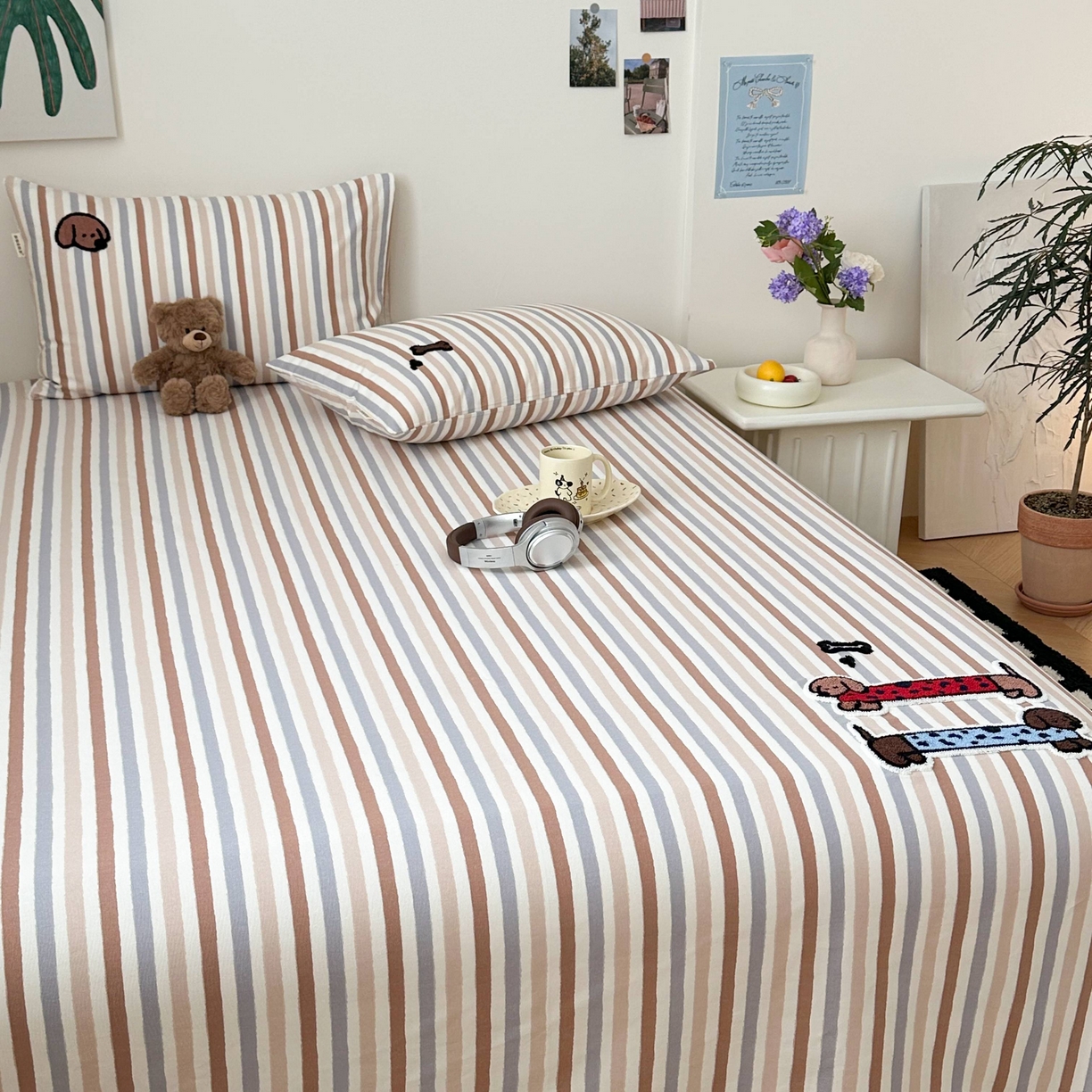 91家纺网 家纺一手货源 找家纺 珺柔家纺 2026新款全棉老粗布床单床笠三件套 Happy小狗