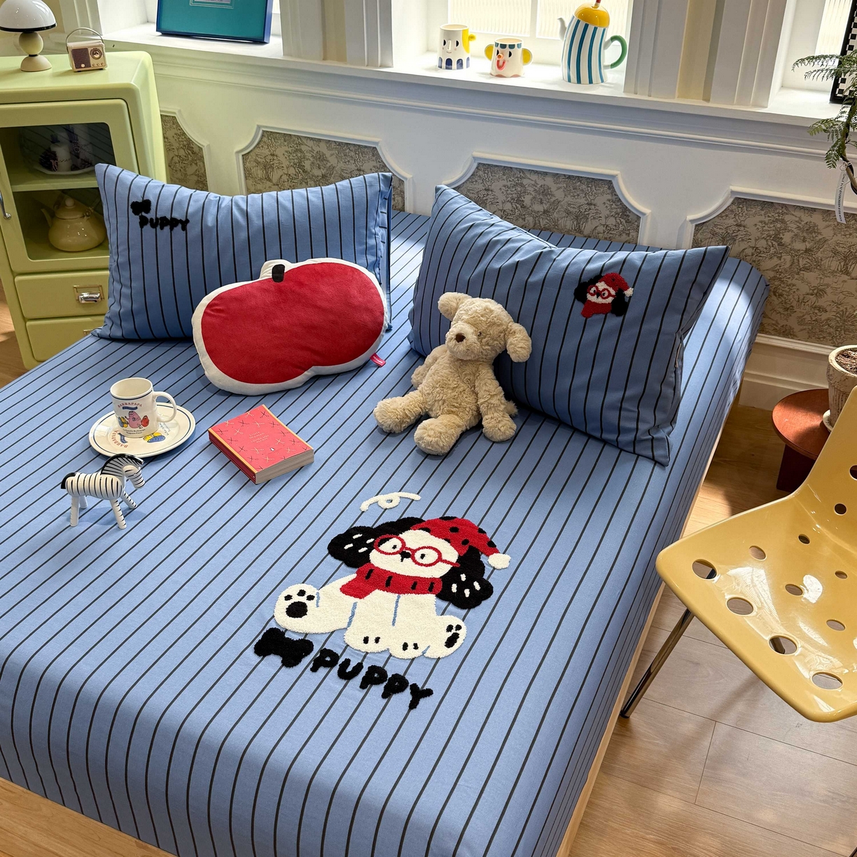 91家纺网 家纺一手货源 找家纺 珺柔家纺 2026新款全棉老粗布床单床笠三件套 斑点狗