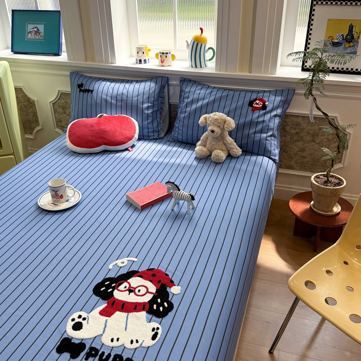 91家纺网 家纺一手货源 找家纺 珺柔家纺 2026新款全棉老粗布床单床笠三件套 斑点狗