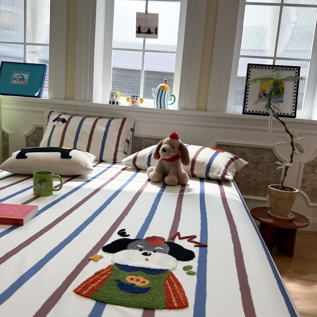 91家纺网 家纺一手货源 找家纺 珺柔家纺 2026新款全棉老粗布床单床笠三件套 园丁小狗