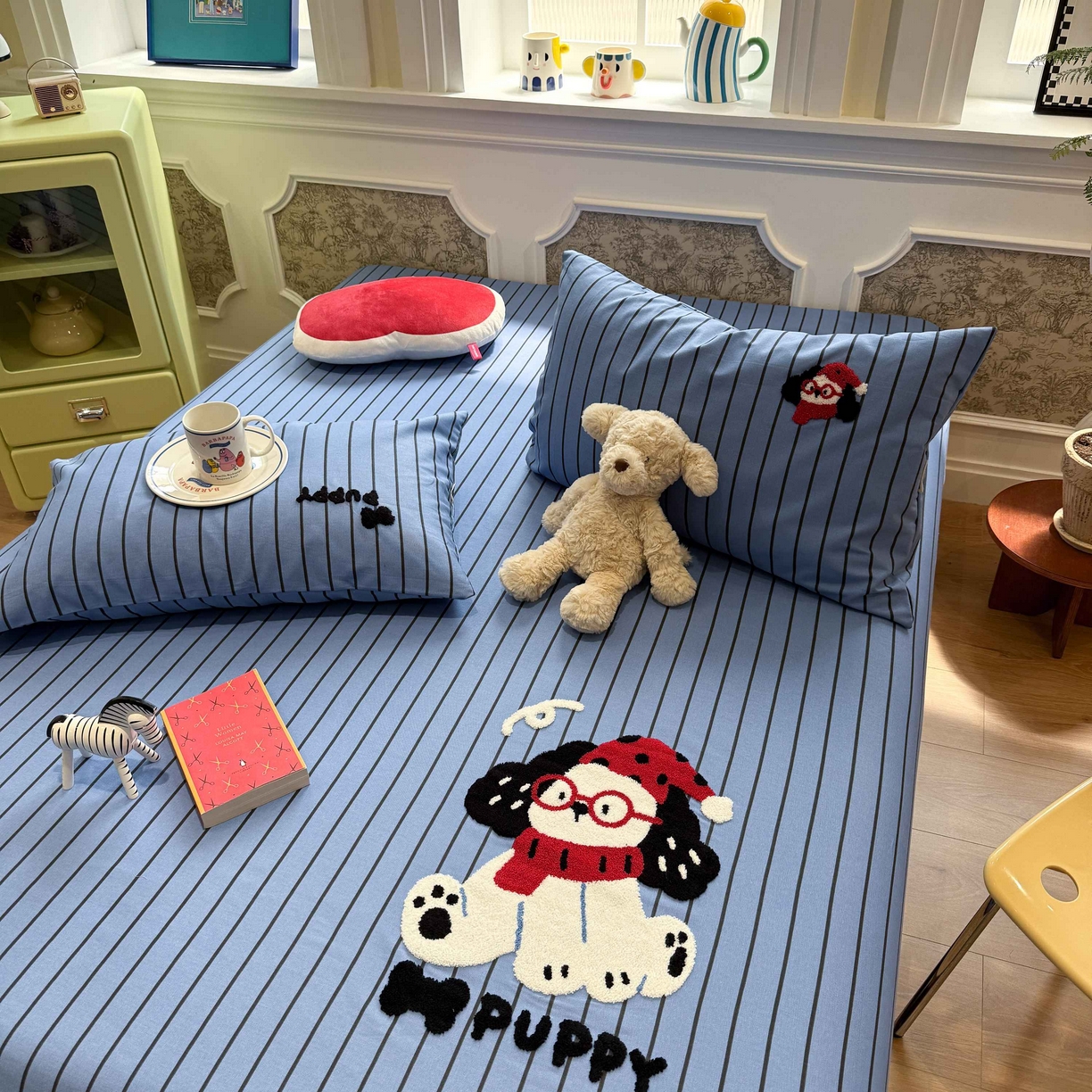 91家纺网 家纺一手货源 找家纺 珺柔家纺 2026新款全棉老粗布床单床笠三件套 斑点狗