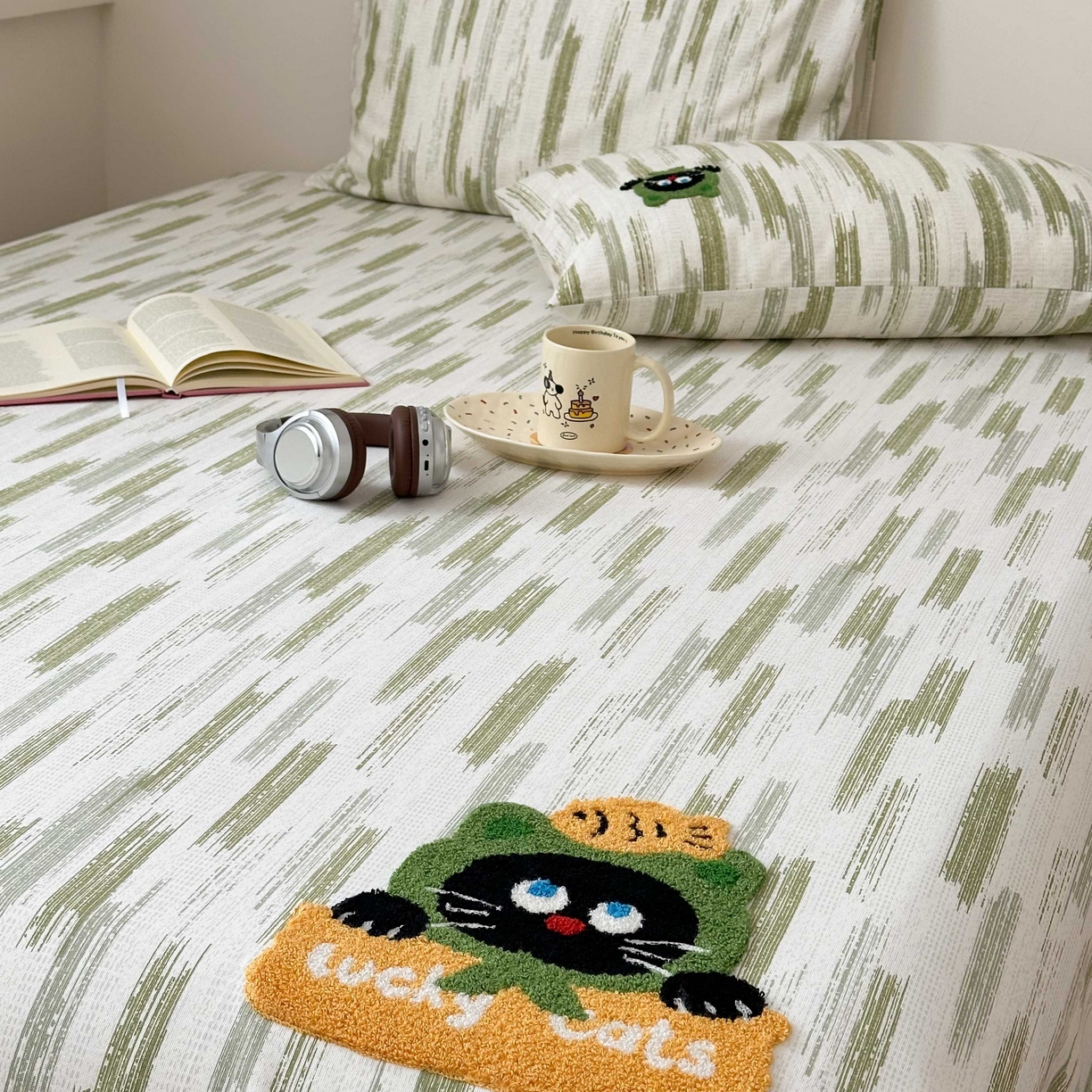 91家纺网 家纺一手货源 找家纺 珺柔家纺 2026新款全棉老粗布床单床笠三件套 幸运猫猫