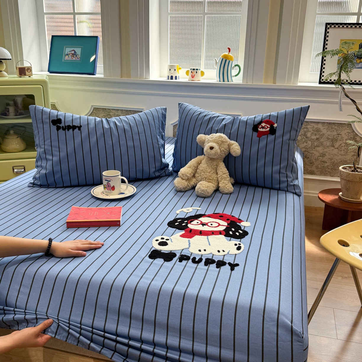 91家纺网 家纺一手货源 找家纺 珺柔家纺 2026新款全棉老粗布床单床笠三件套 斑点狗