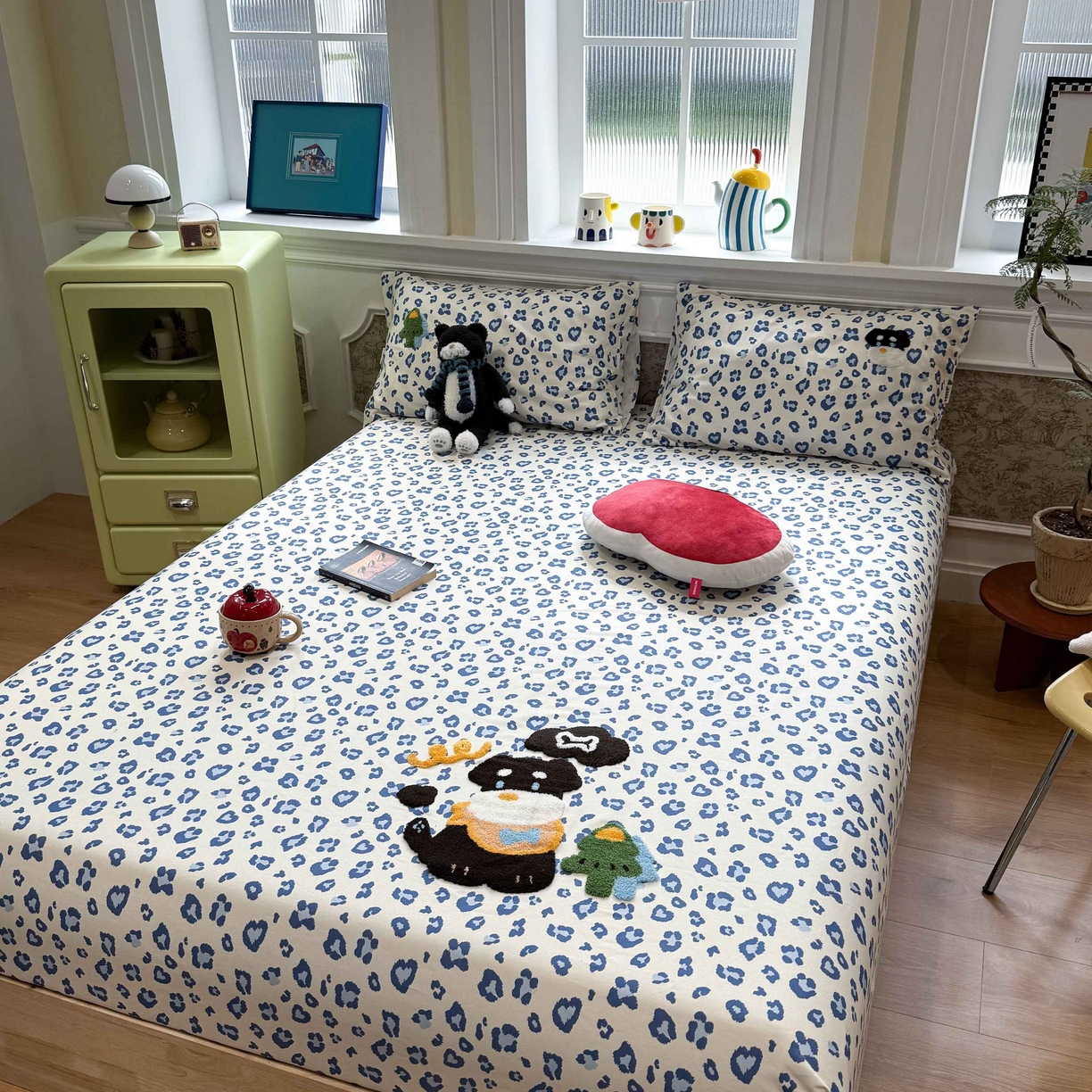 91家纺网 家纺一手货源 找家纺 珺柔家纺 2026新款全棉老粗布床单床笠三件套 蓝豹纹小狗