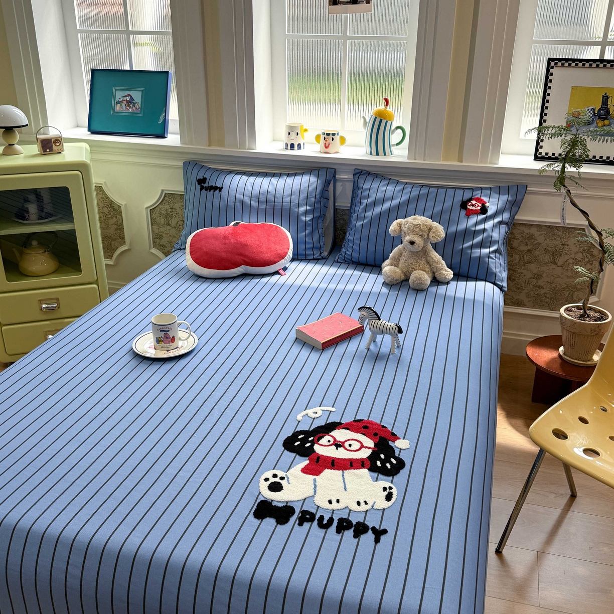 91家纺网 家纺一手货源 找家纺 珺柔家纺 2026新款全棉老粗布床单床笠三件套 斑点狗