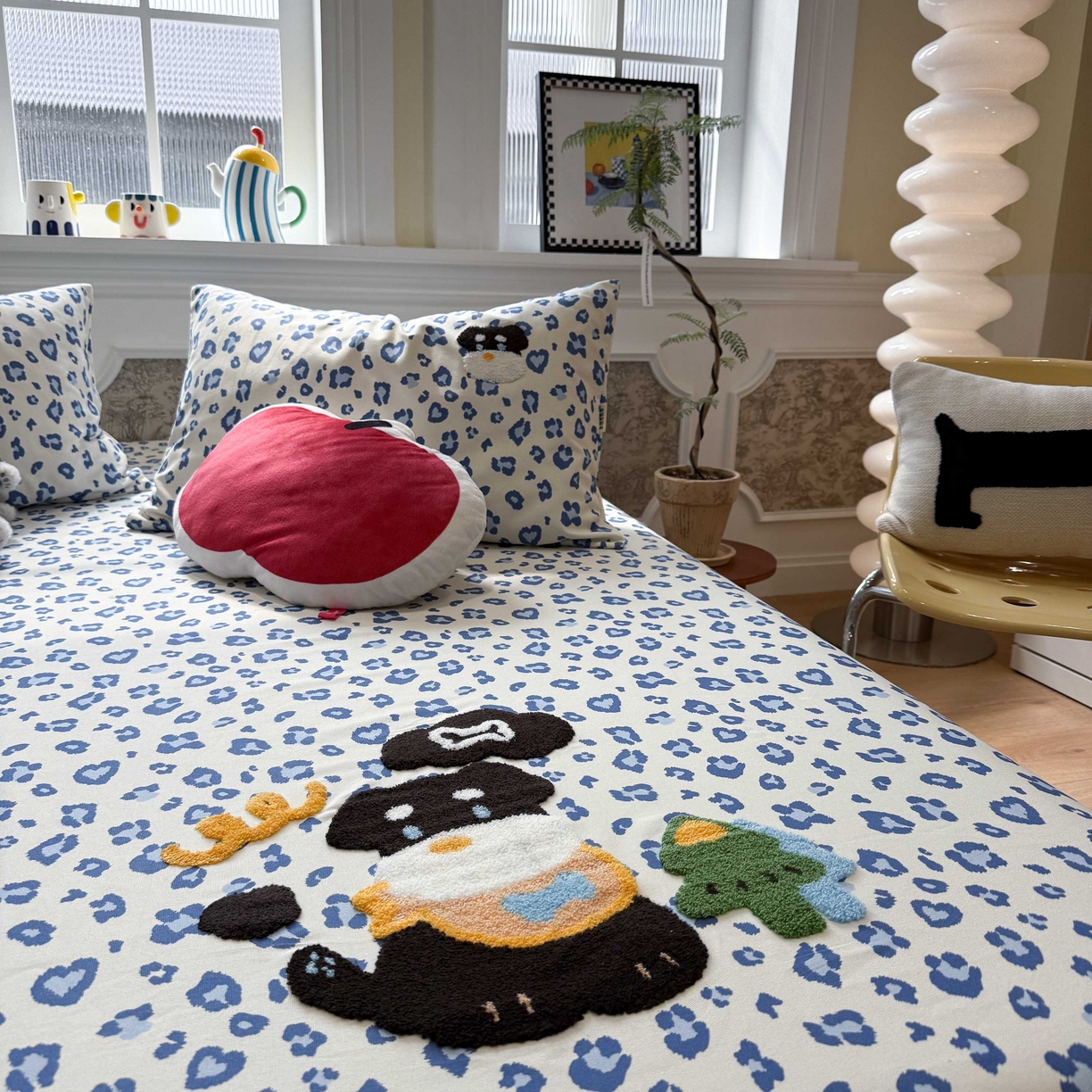 91家纺网 家纺一手货源 找家纺 珺柔家纺 2026新款全棉老粗布床单床笠三件套 蓝豹纹小狗