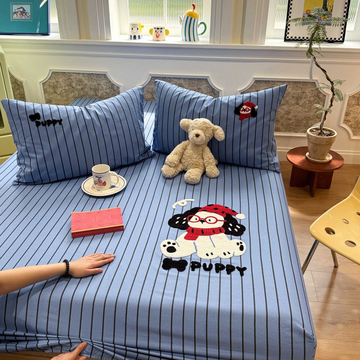 91家纺网 家纺一手货源 找家纺 珺柔家纺 2026新款全棉老粗布床单床笠三件套 斑点狗