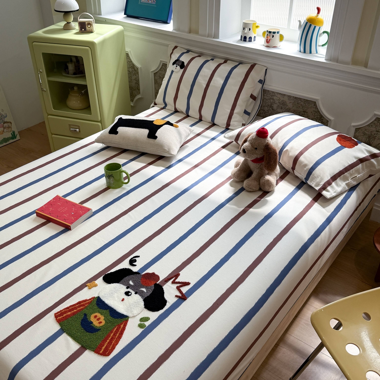 91家纺网 家纺一手货源 找家纺 珺柔家纺 2026新款全棉老粗布床单床笠三件套 园丁小狗