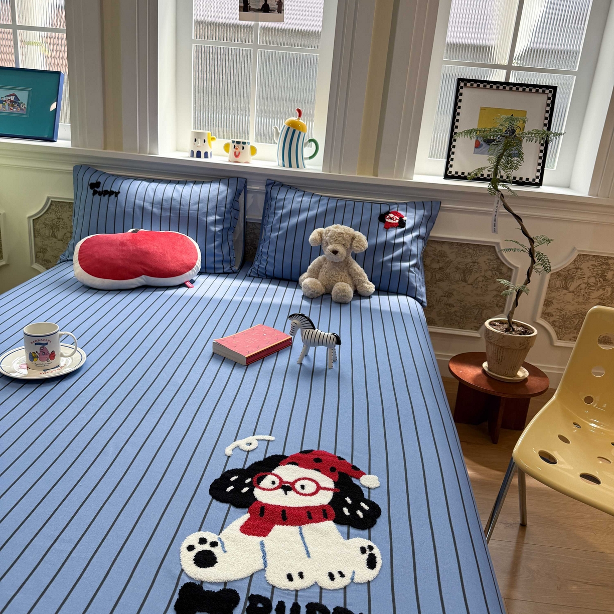 91家纺网 家纺一手货源 找家纺 珺柔家纺 2026新款全棉老粗布床单床笠三件套 斑点狗