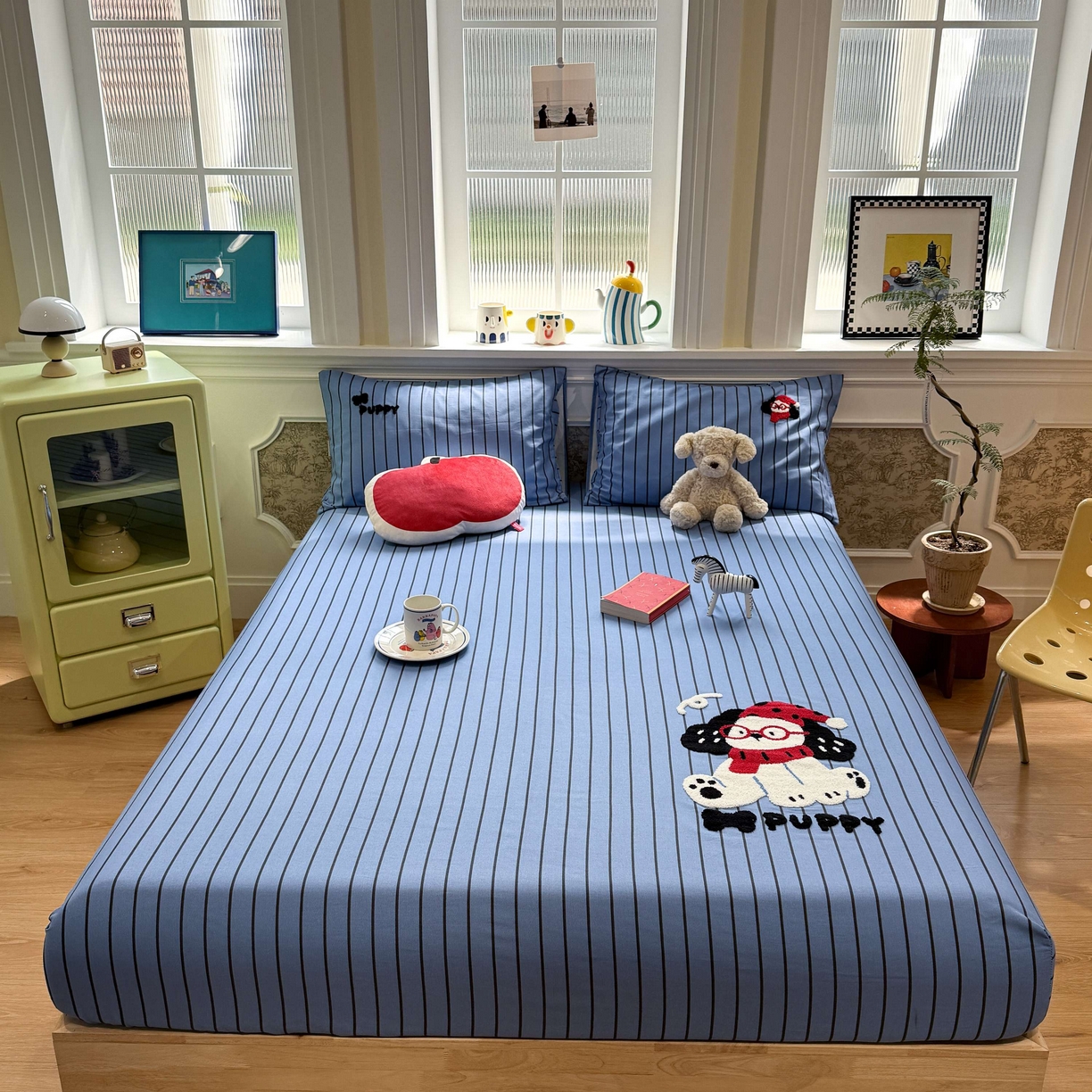 珺柔家纺 2026新款全棉老粗布床单床笠三件套 斑点狗