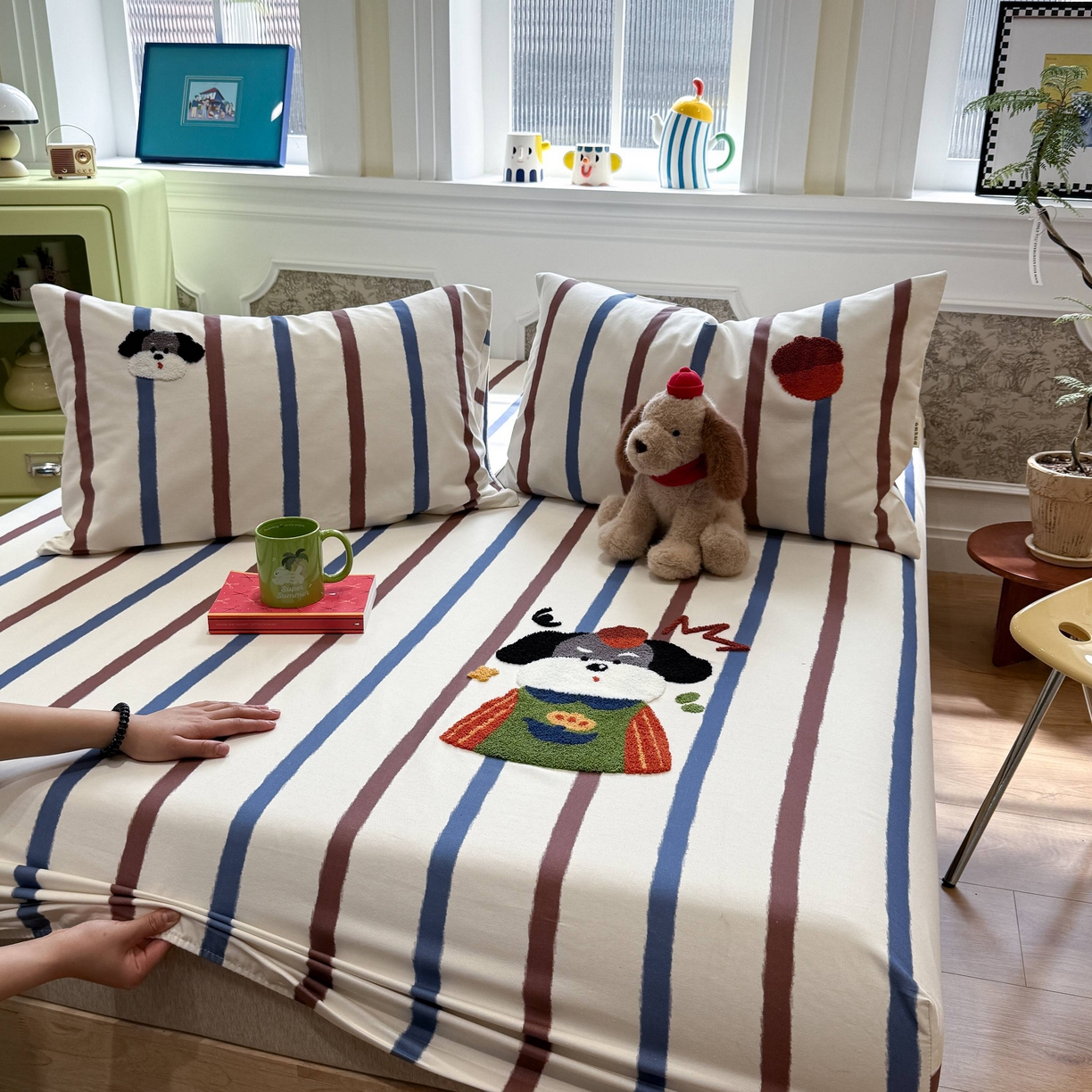 91家纺网 家纺一手货源 找家纺 珺柔家纺 2026新款全棉老粗布床单床笠三件套 园丁小狗