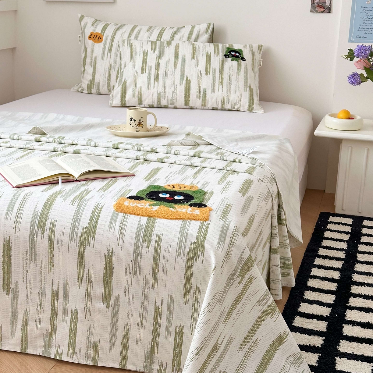 91家纺网 家纺一手货源 找家纺 珺柔家纺 2026新款全棉老粗布床单床笠三件套 幸运猫猫