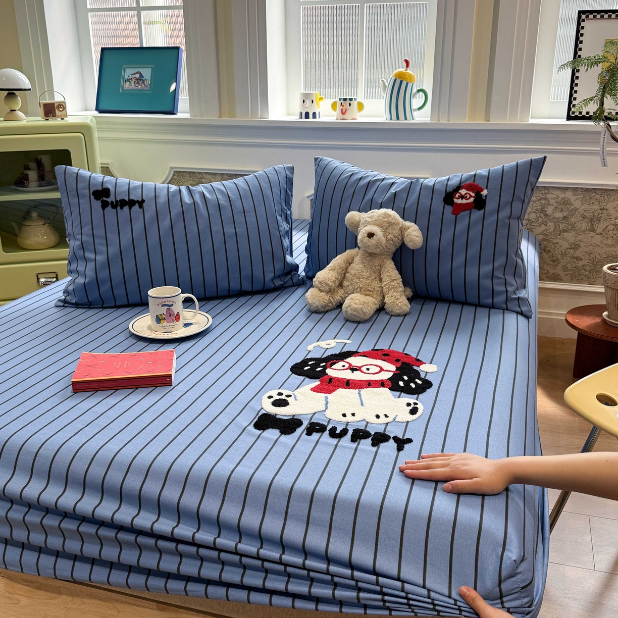 91家纺网 家纺一手货源 找家纺 珺柔家纺 2026新款全棉老粗布床单床笠三件套 斑点狗