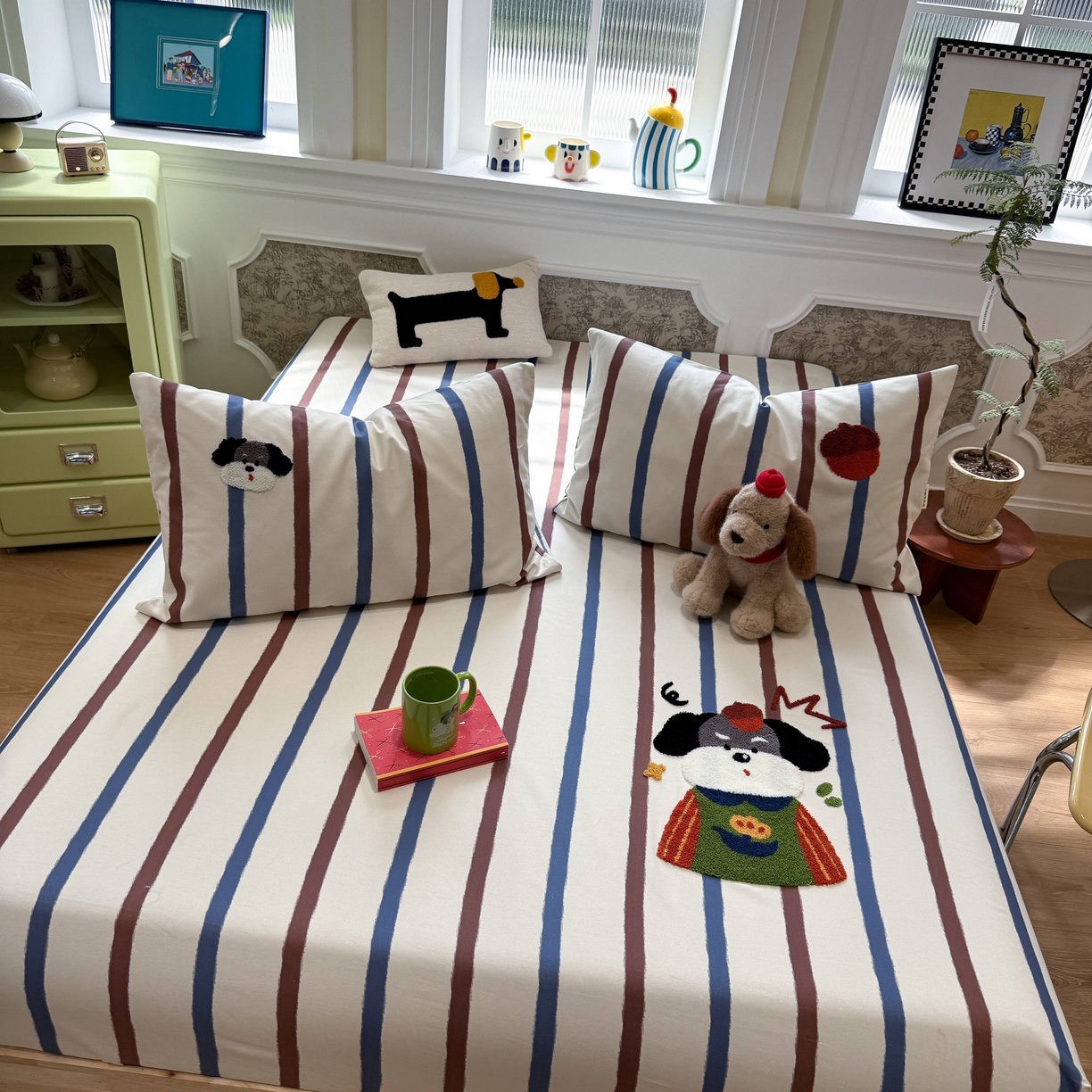 91家纺网 家纺一手货源 找家纺 珺柔家纺 2026新款全棉老粗布床单床笠三件套 园丁小狗