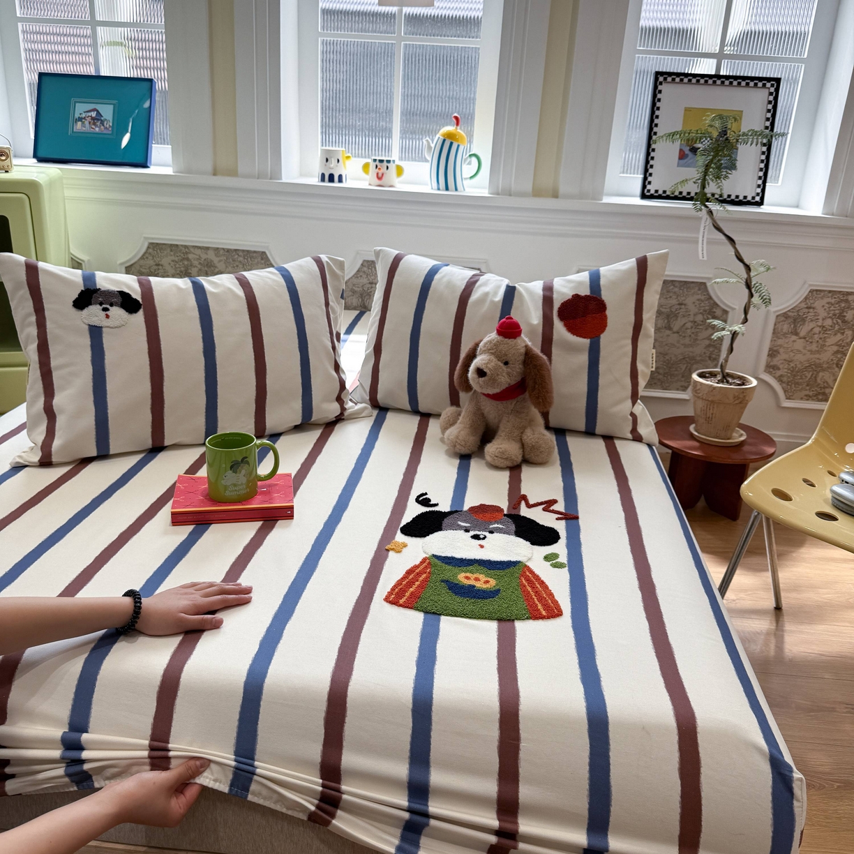 91家纺网 家纺一手货源 找家纺 珺柔家纺 2026新款全棉老粗布床单床笠三件套 园丁小狗