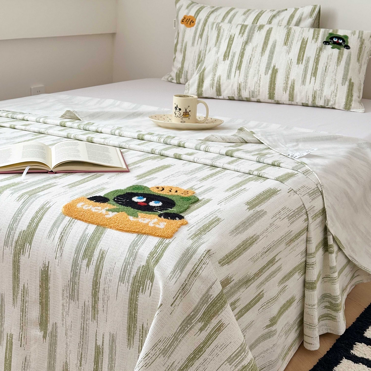 91家纺网 家纺一手货源 找家纺 珺柔家纺 2026新款全棉老粗布床单床笠三件套 幸运猫猫