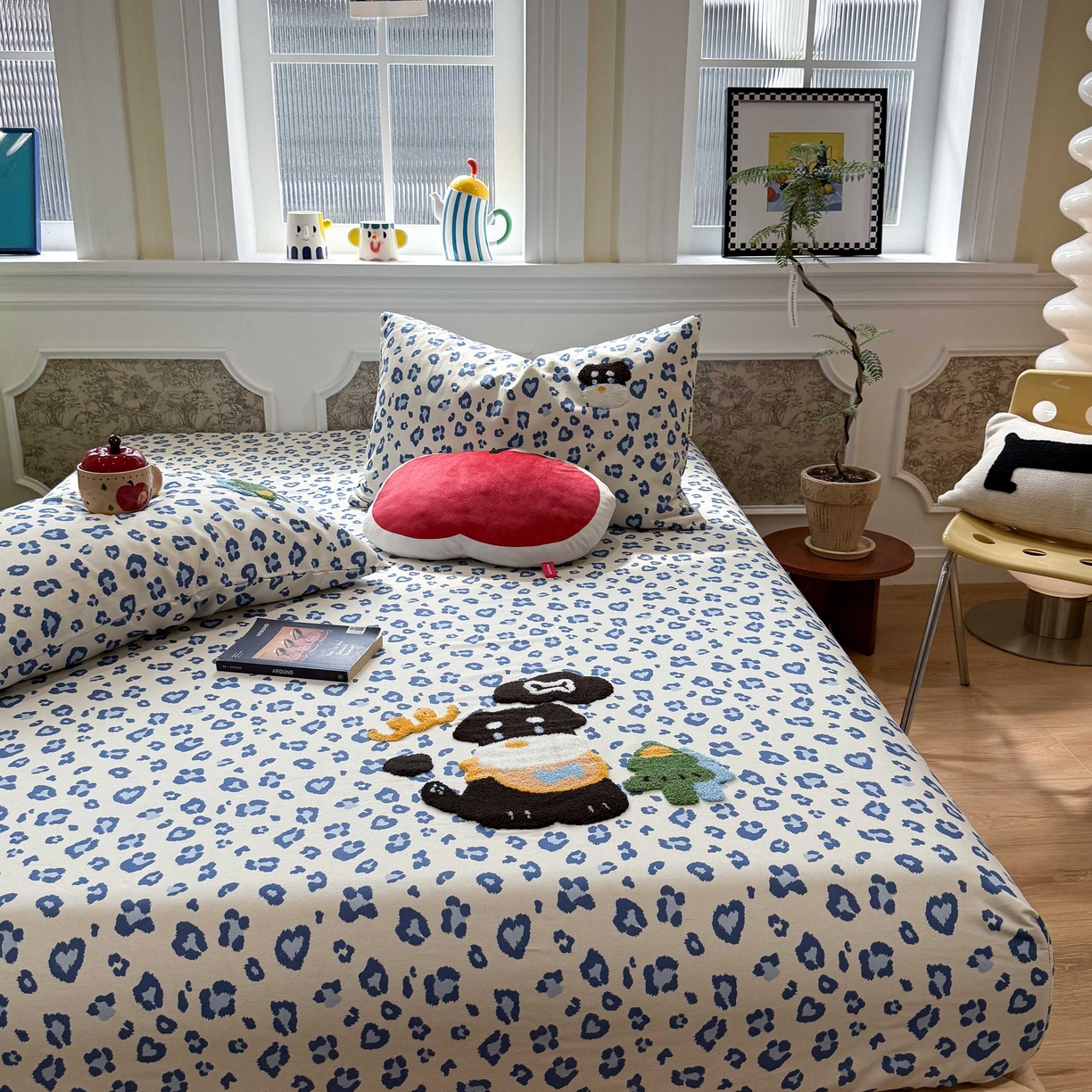 91家纺网 家纺一手货源 找家纺 珺柔家纺 2026新款全棉老粗布床单床笠三件套 蓝豹纹小狗