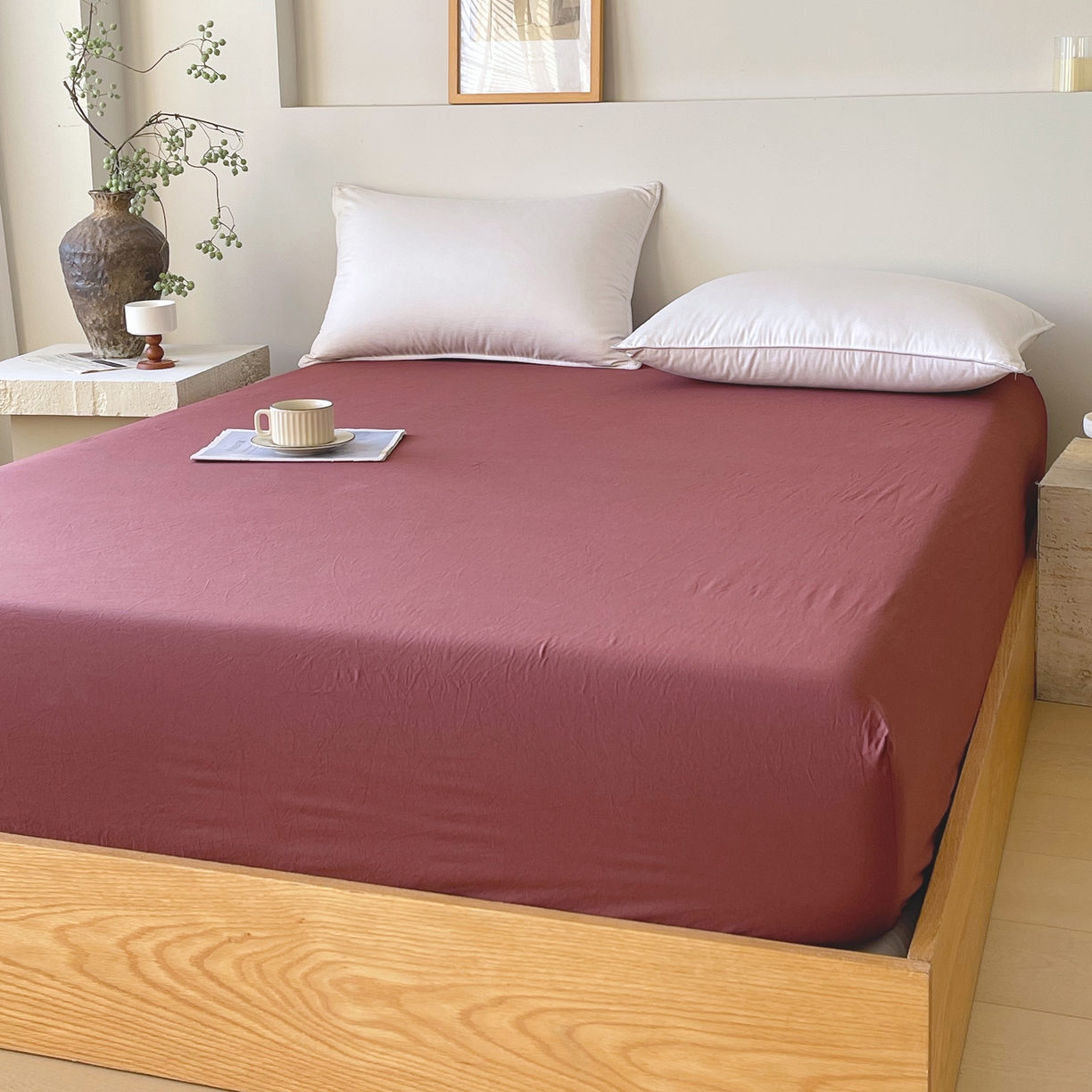 91家纺网 家纺一手货源 找家纺 春皖家纺 2026春夏新款双拼全棉纯棉水洗棉单床笠 床笠单件 可可红