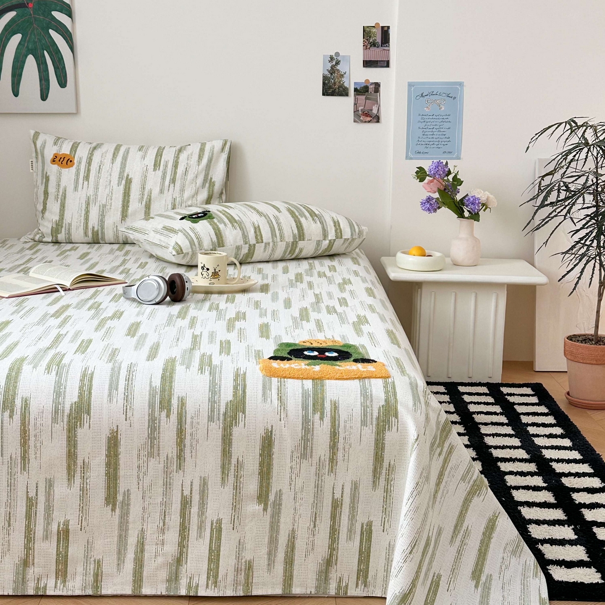 91家纺网 家纺一手货源 找家纺 珺柔家纺 2026新款全棉老粗布床单床笠三件套 幸运猫猫