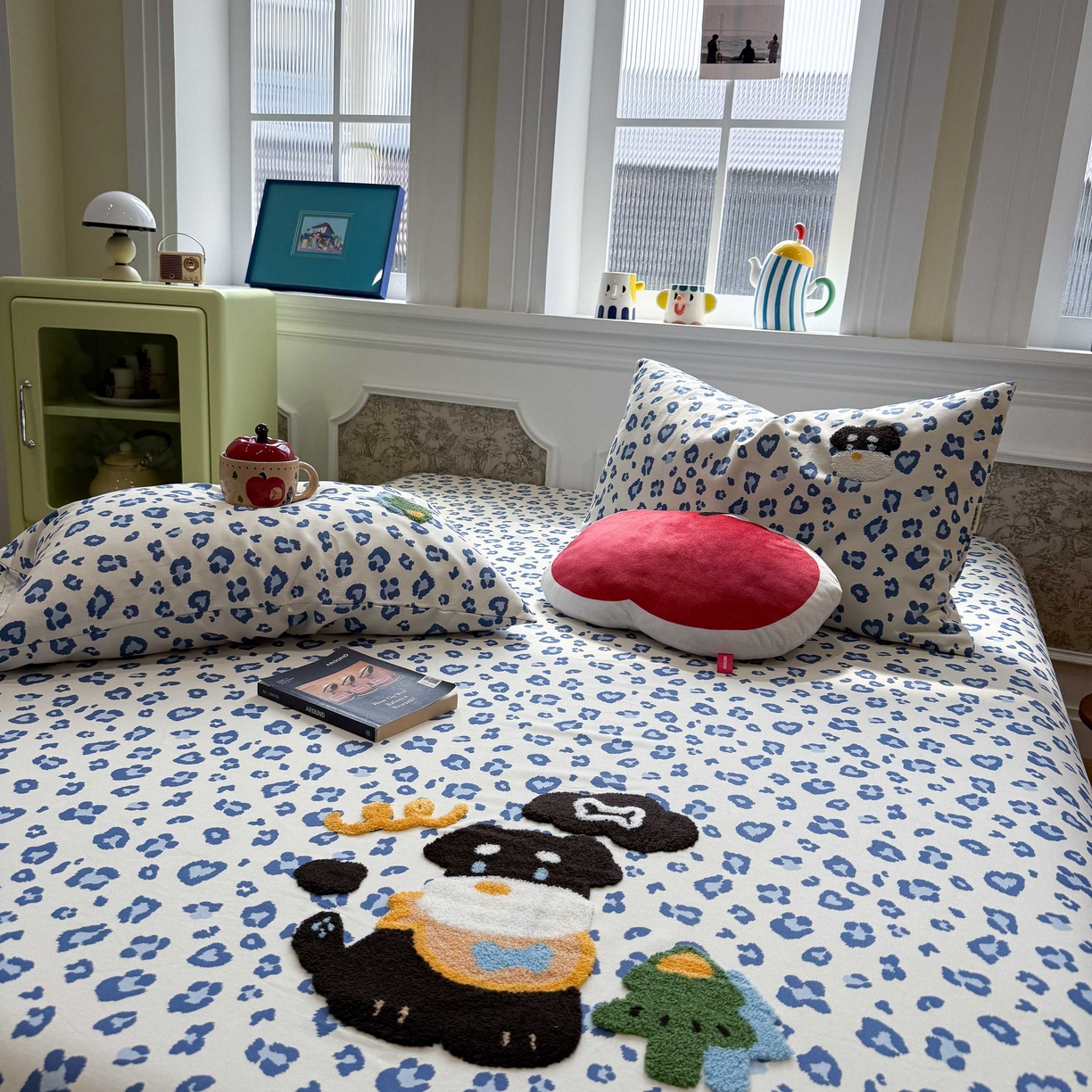 91家纺网 家纺一手货源 找家纺 珺柔家纺 2026新款全棉老粗布床单床笠三件套 蓝豹纹小狗