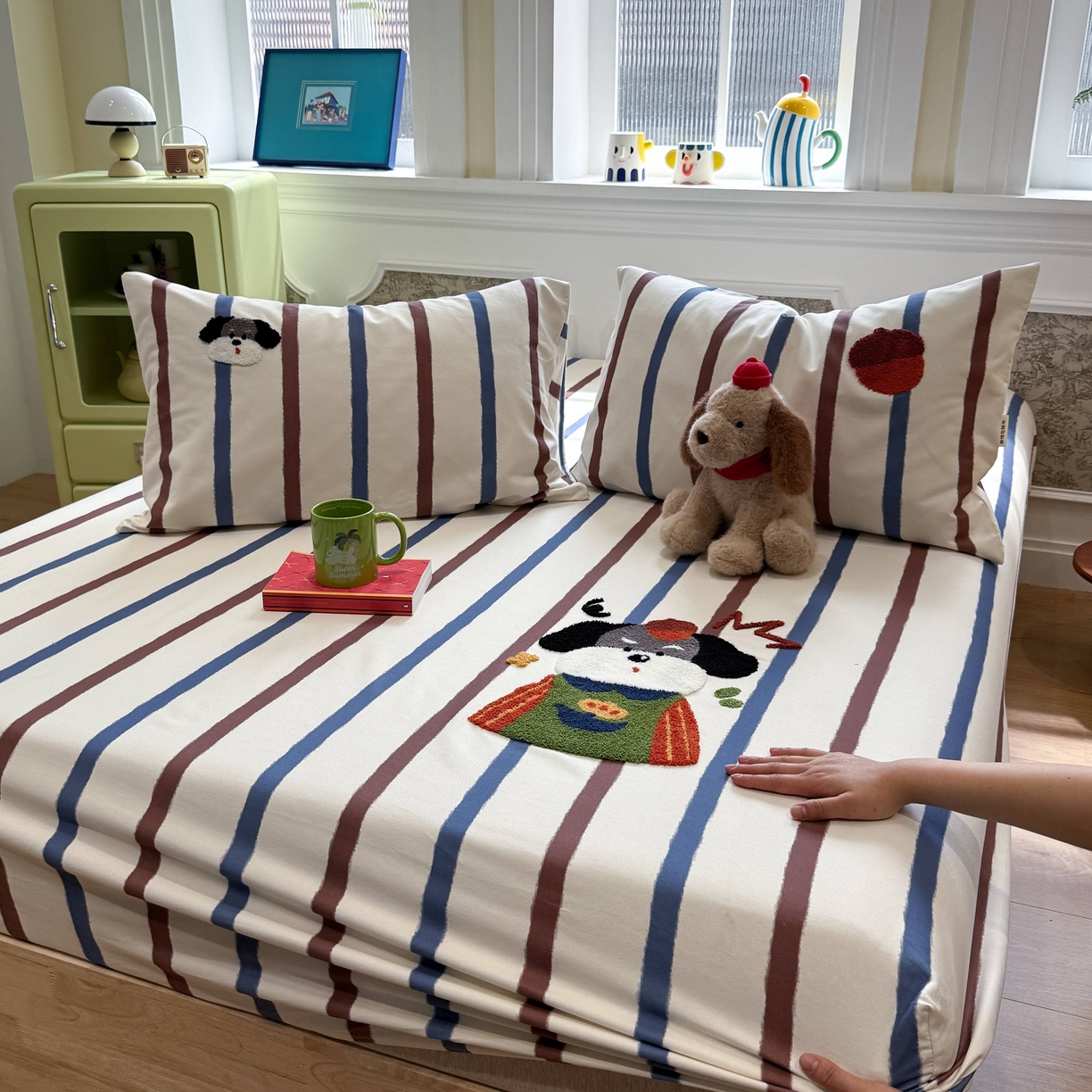 91家纺网 家纺一手货源 找家纺 珺柔家纺 2026新款全棉老粗布床单床笠三件套 园丁小狗