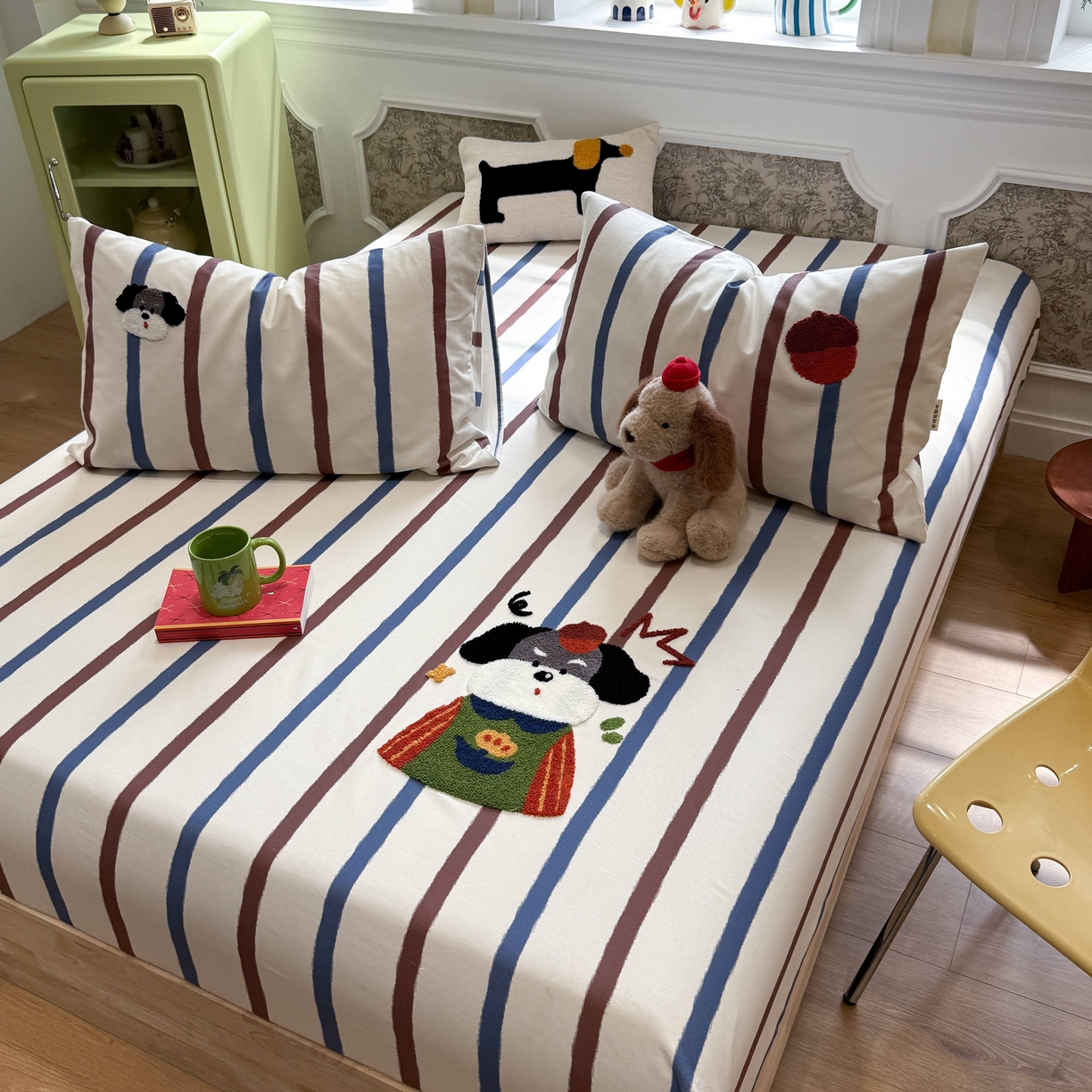 91家纺网 家纺一手货源 找家纺 珺柔家纺 2026新款全棉老粗布床单床笠三件套 园丁小狗