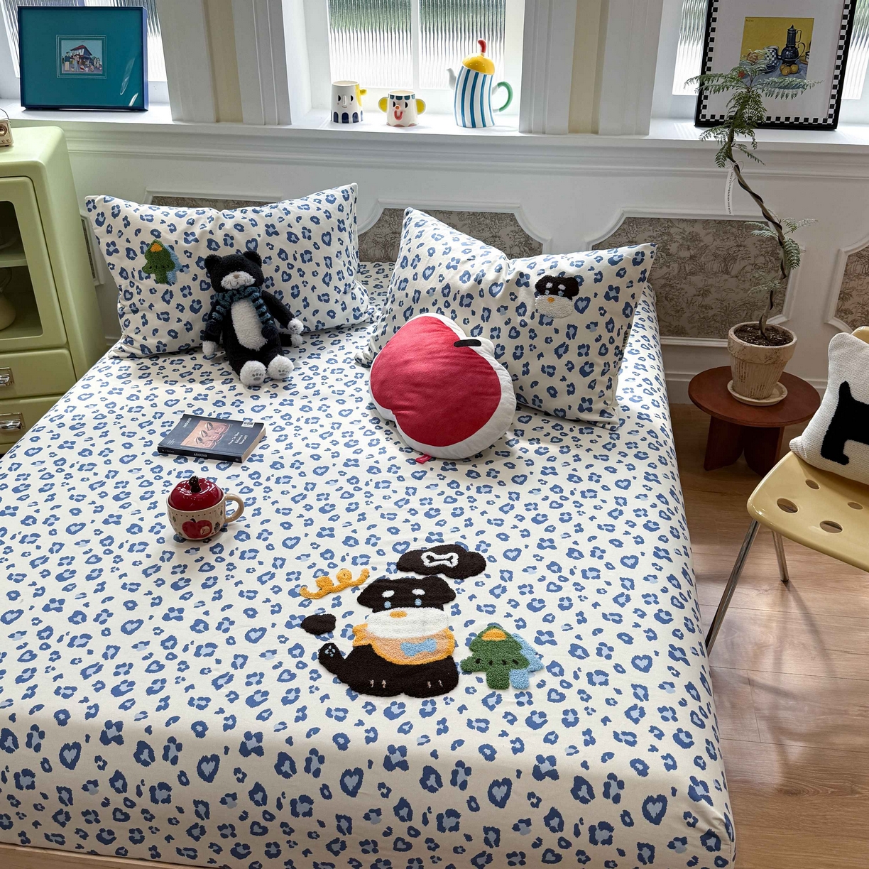 91家纺网 家纺一手货源 找家纺 珺柔家纺 2026新款全棉老粗布床单床笠三件套 蓝豹纹小狗