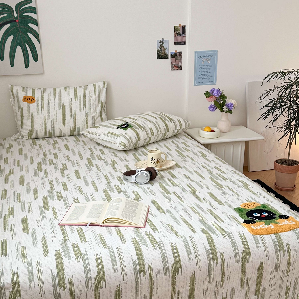 91家纺网 家纺一手货源 找家纺 珺柔家纺 2026新款全棉老粗布床单床笠三件套 幸运猫猫