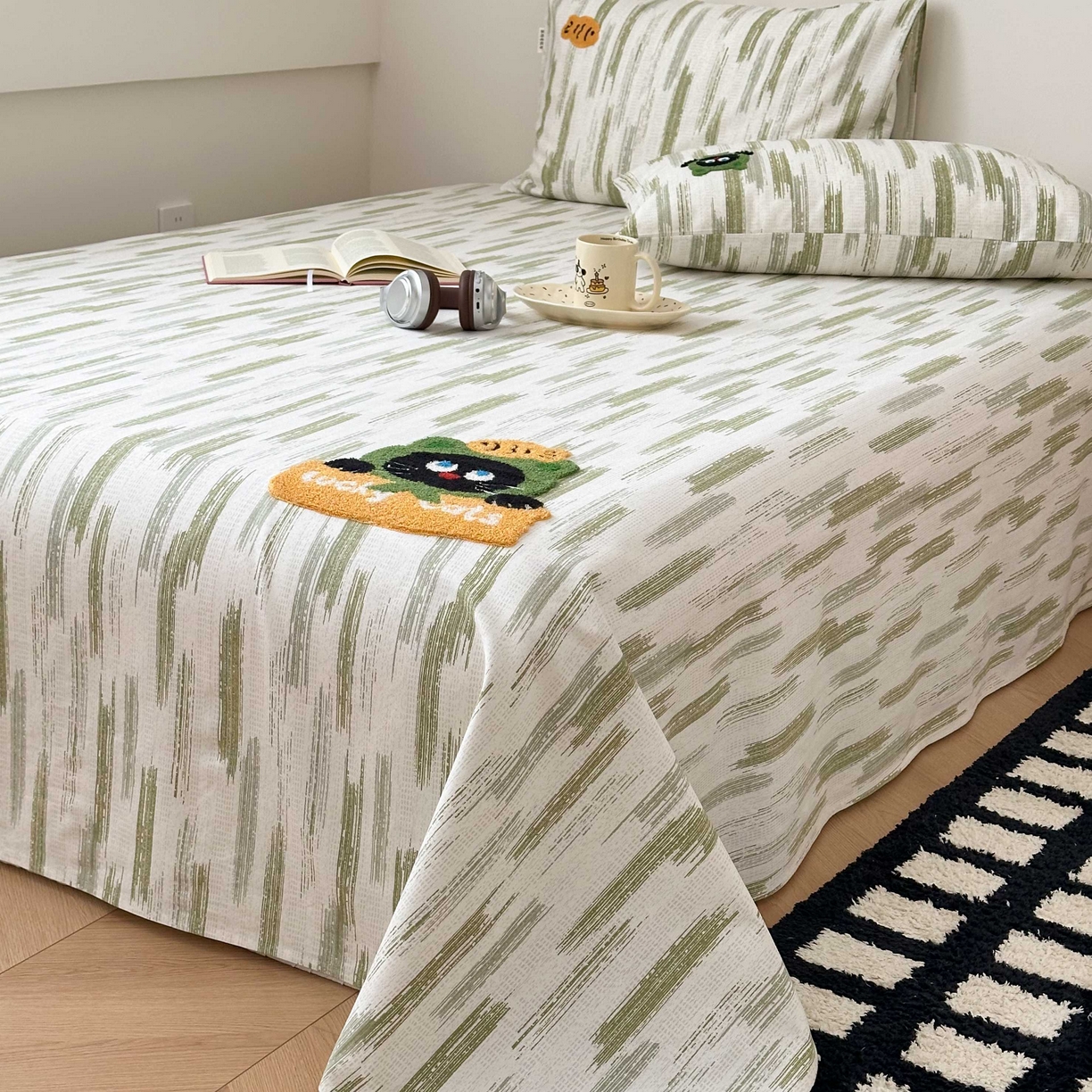 91家纺网 家纺一手货源 找家纺 珺柔家纺 2026新款全棉老粗布床单床笠三件套 幸运猫猫