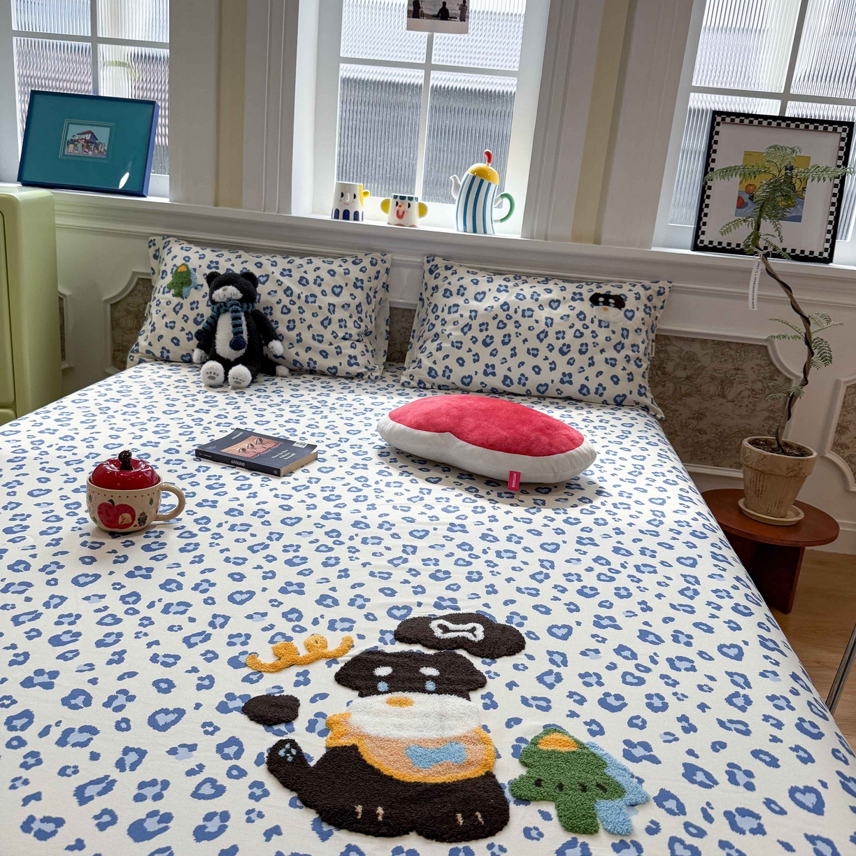 91家纺网 家纺一手货源 找家纺 珺柔家纺 2026新款全棉老粗布床单床笠三件套 蓝豹纹小狗