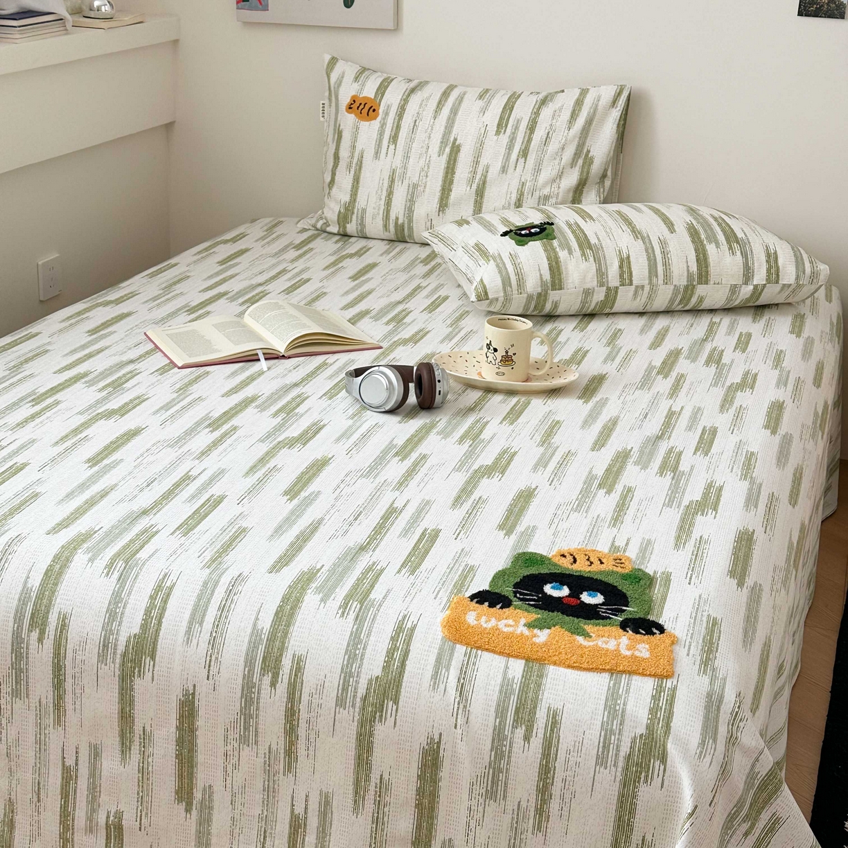 91家纺网 家纺一手货源 找家纺 珺柔家纺 2026新款全棉老粗布床单床笠三件套 幸运猫猫