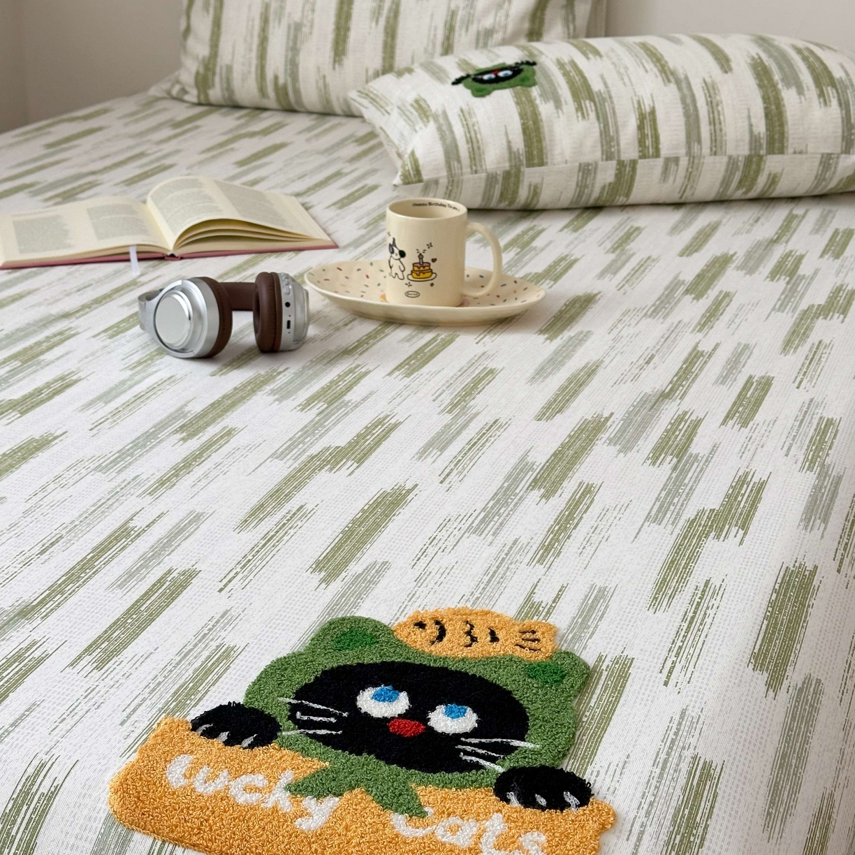 91家纺网 家纺一手货源 找家纺 珺柔家纺 2026新款全棉老粗布床单床笠三件套 幸运猫猫