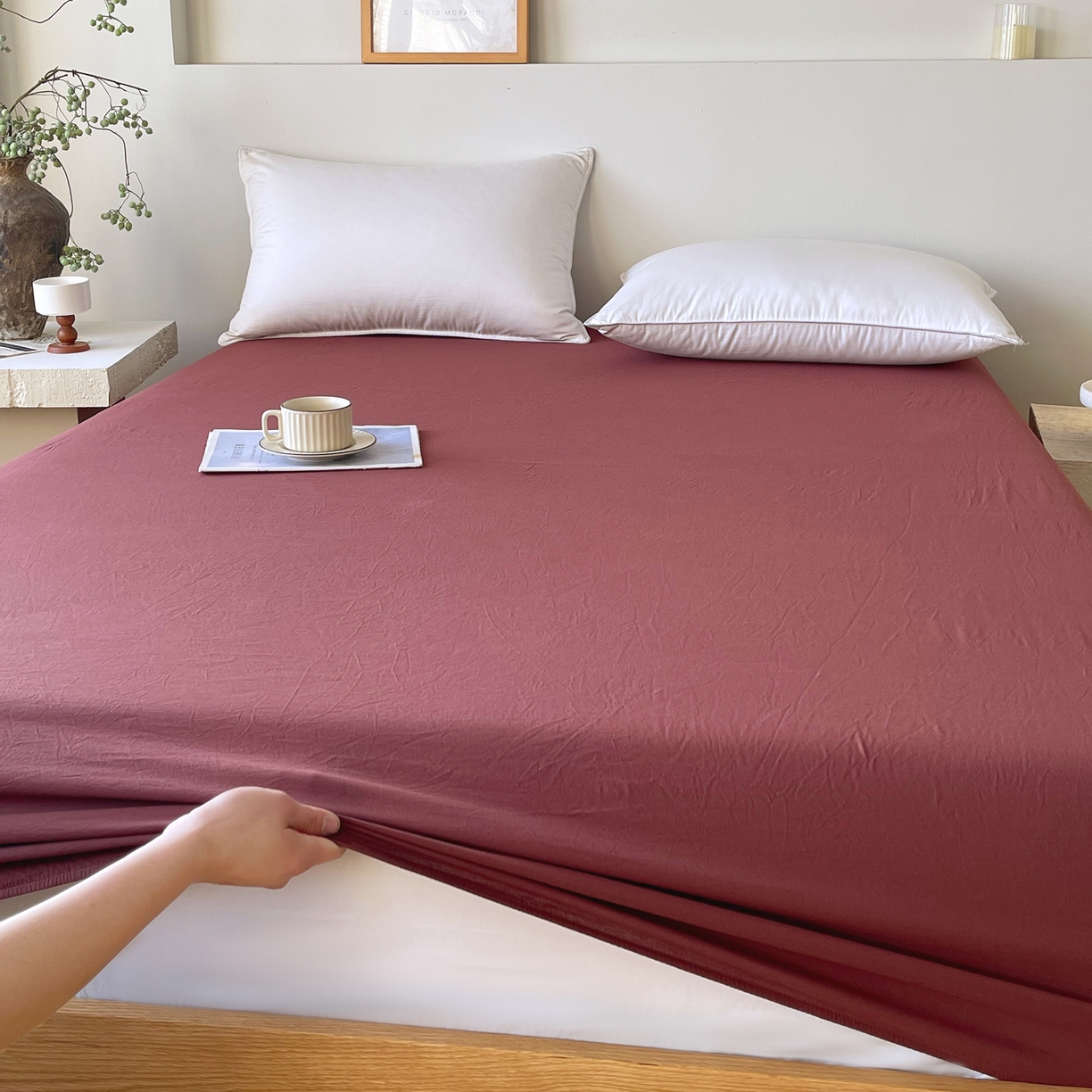 91家纺网 家纺一手货源 找家纺 春皖家纺 2026春夏新款双拼全棉纯棉水洗棉单床笠 床笠单件 可可红