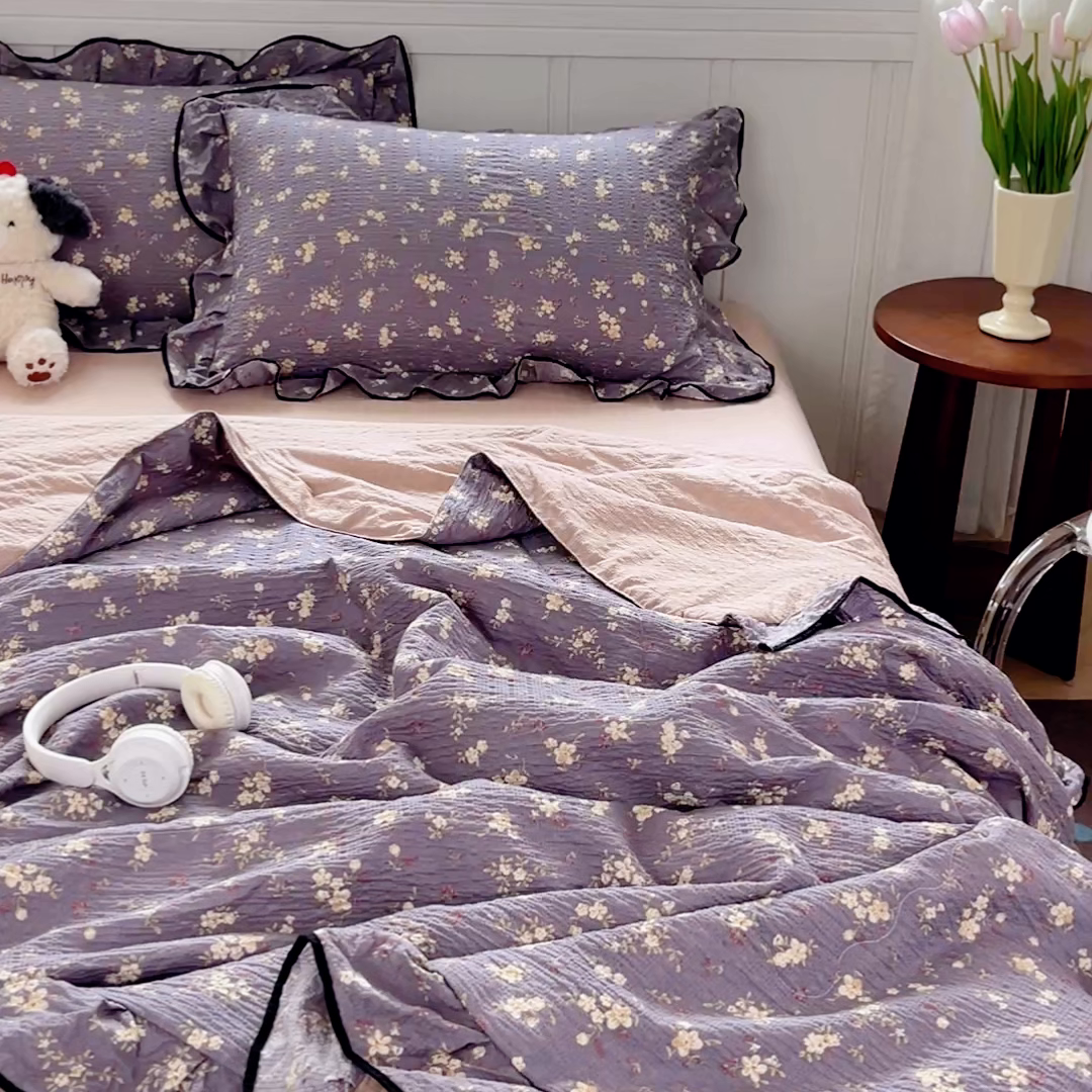 91家纺网 家纺一手货源 找家纺 利禾家纺 2026新款法式花边泡芙纱夏被四件套 米兰灰