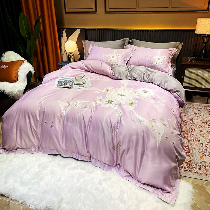 91家纺网 家纺一手货源 找家纺 玉相逢 2026春夏新品水洗仿天丝数码凉感丝四件套系列 艾尼梦-粉紫